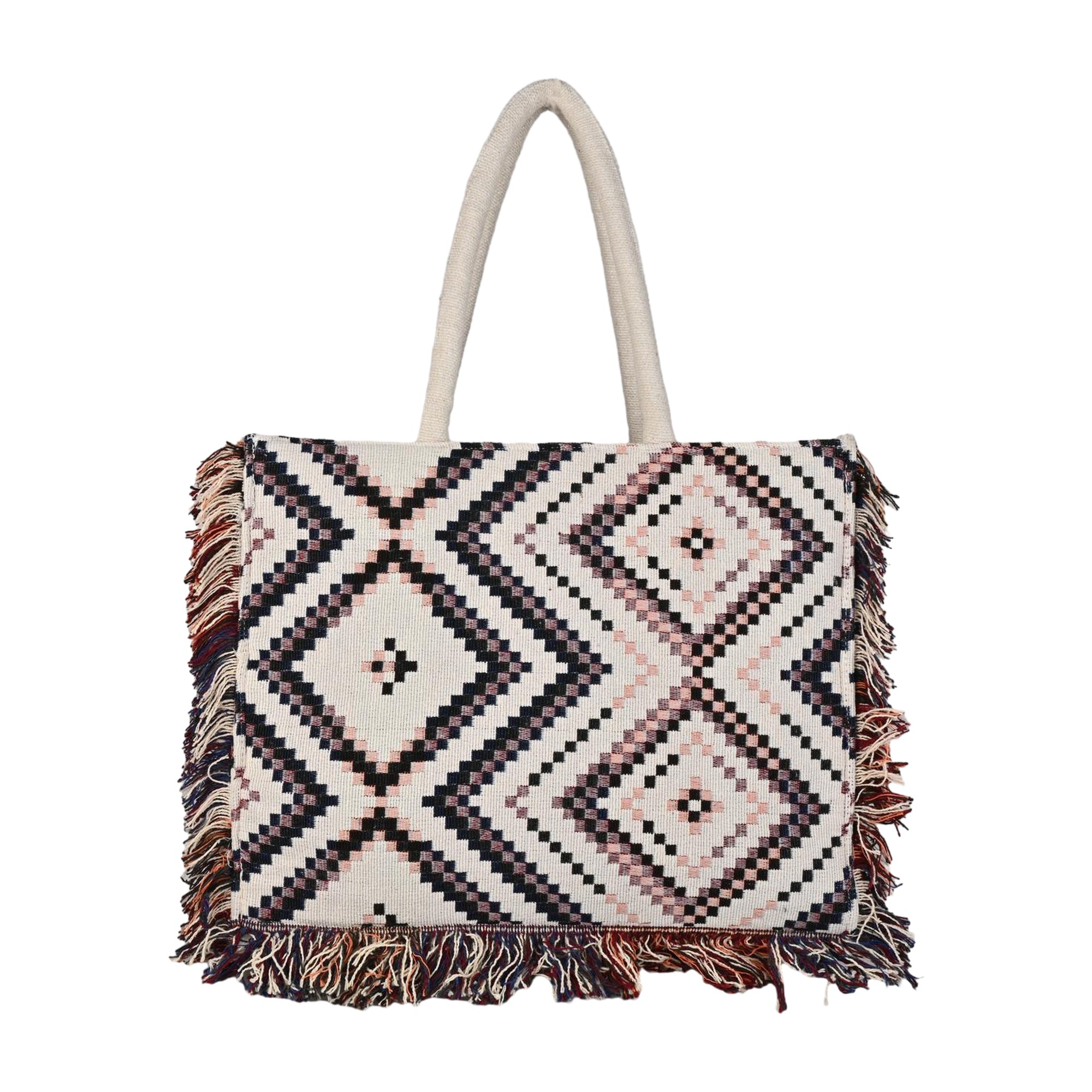 Boho Geometric Woven Fringe Tote Bag - Black, White & Pink