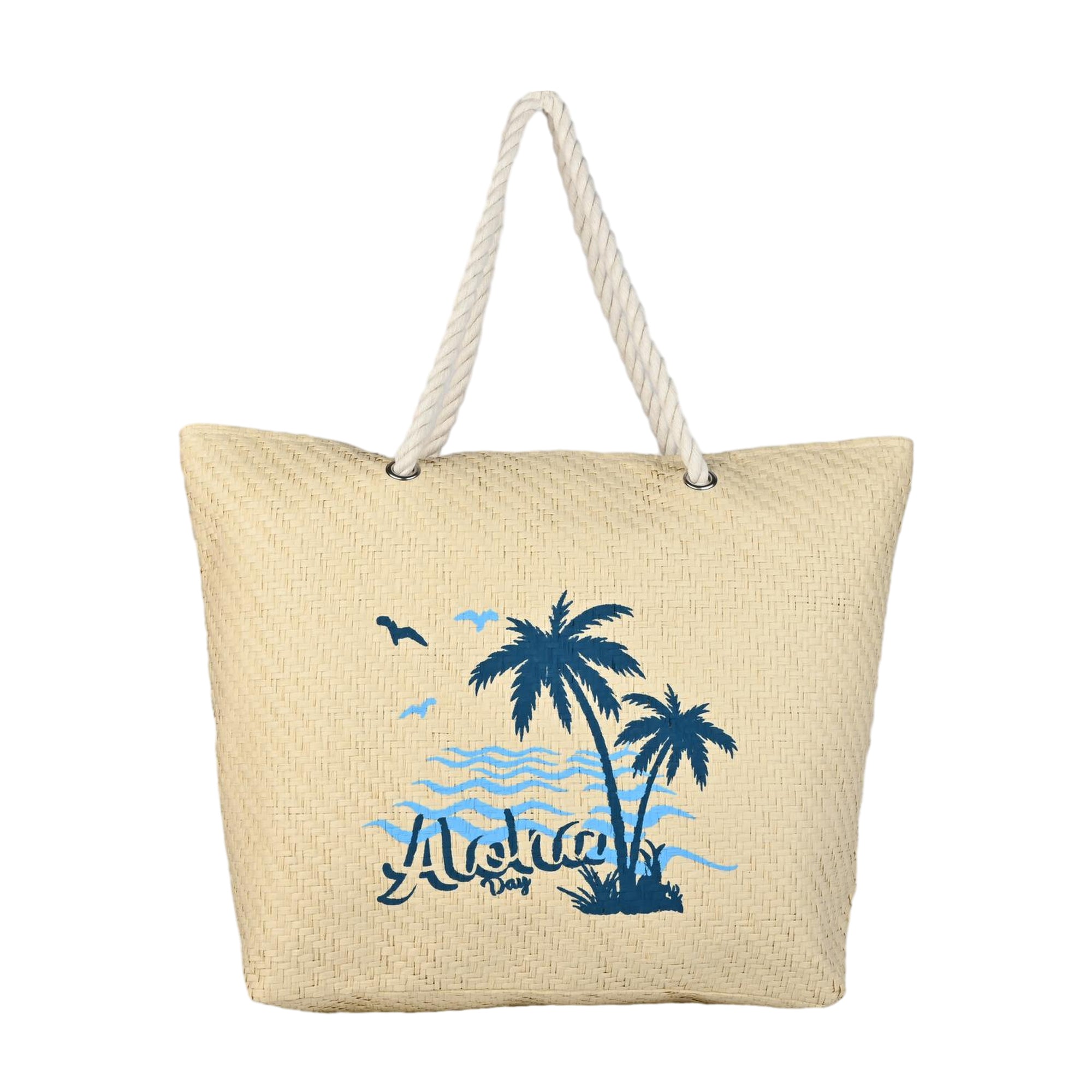 Ensac Aloha Print Paper Straw Beach Tote Bag with Rope Handles | Eco-Friendly Handbag for Women