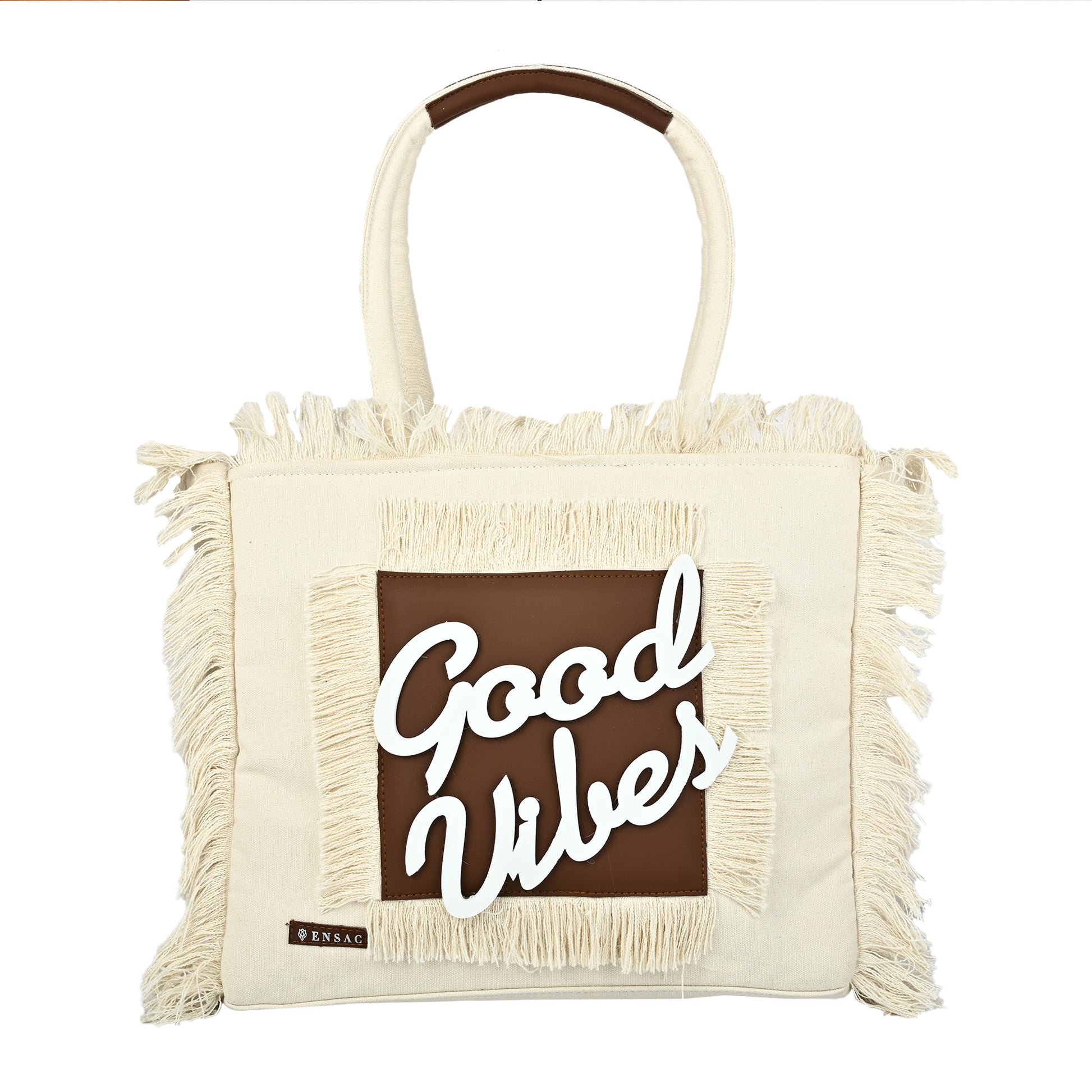 Ensac Women’s Tote Bag | Fringe Style, Lightweight Feel & Must-Have Travel Pick TOTE-LEATHER-WHTBRN-GOODVIBES-1