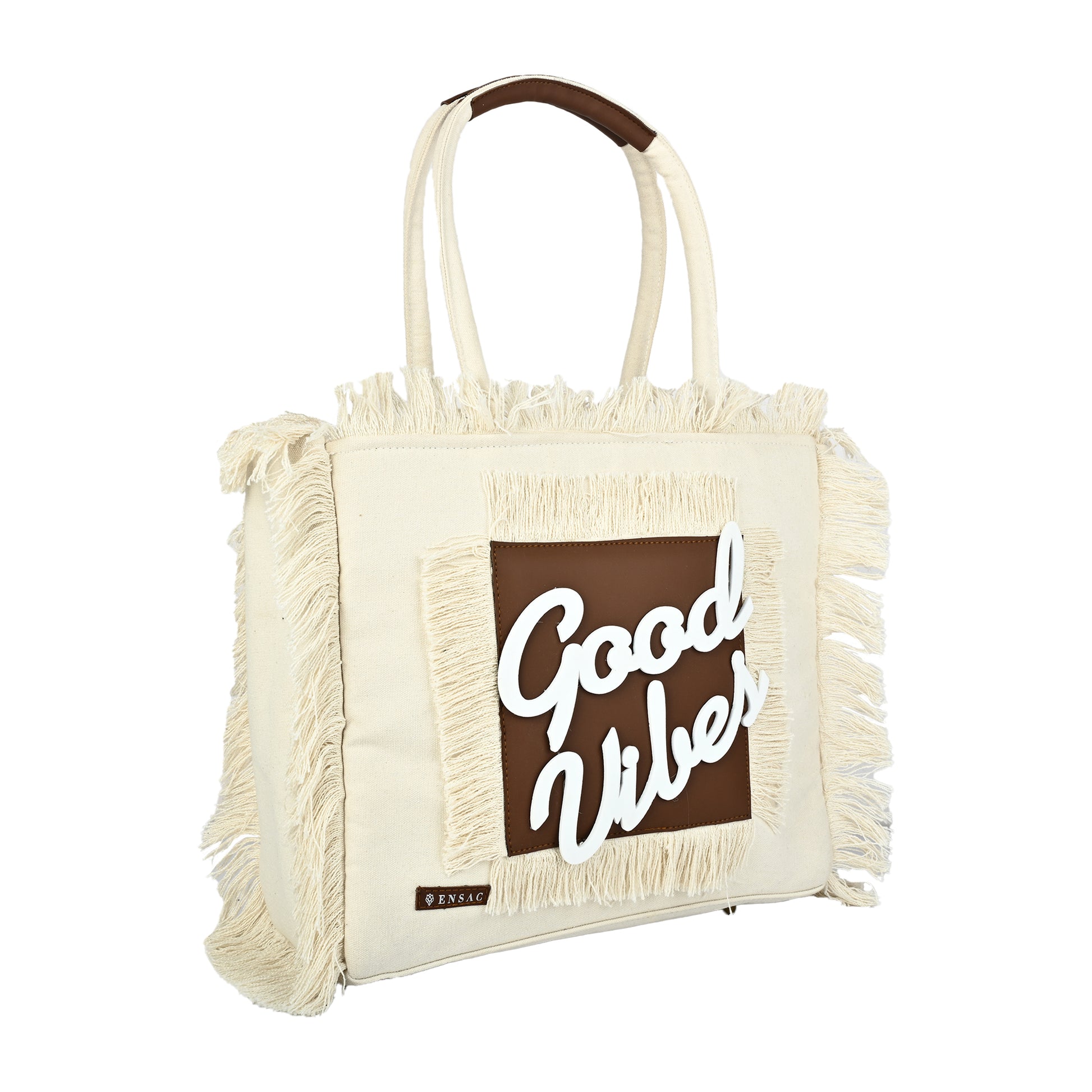 Ensac Women’s Tote Bag | Fringe Style, Lightweight Feel & Must-Have Travel Pick TOTE-LEATHER-WHTBRN-GOODVIBES-1