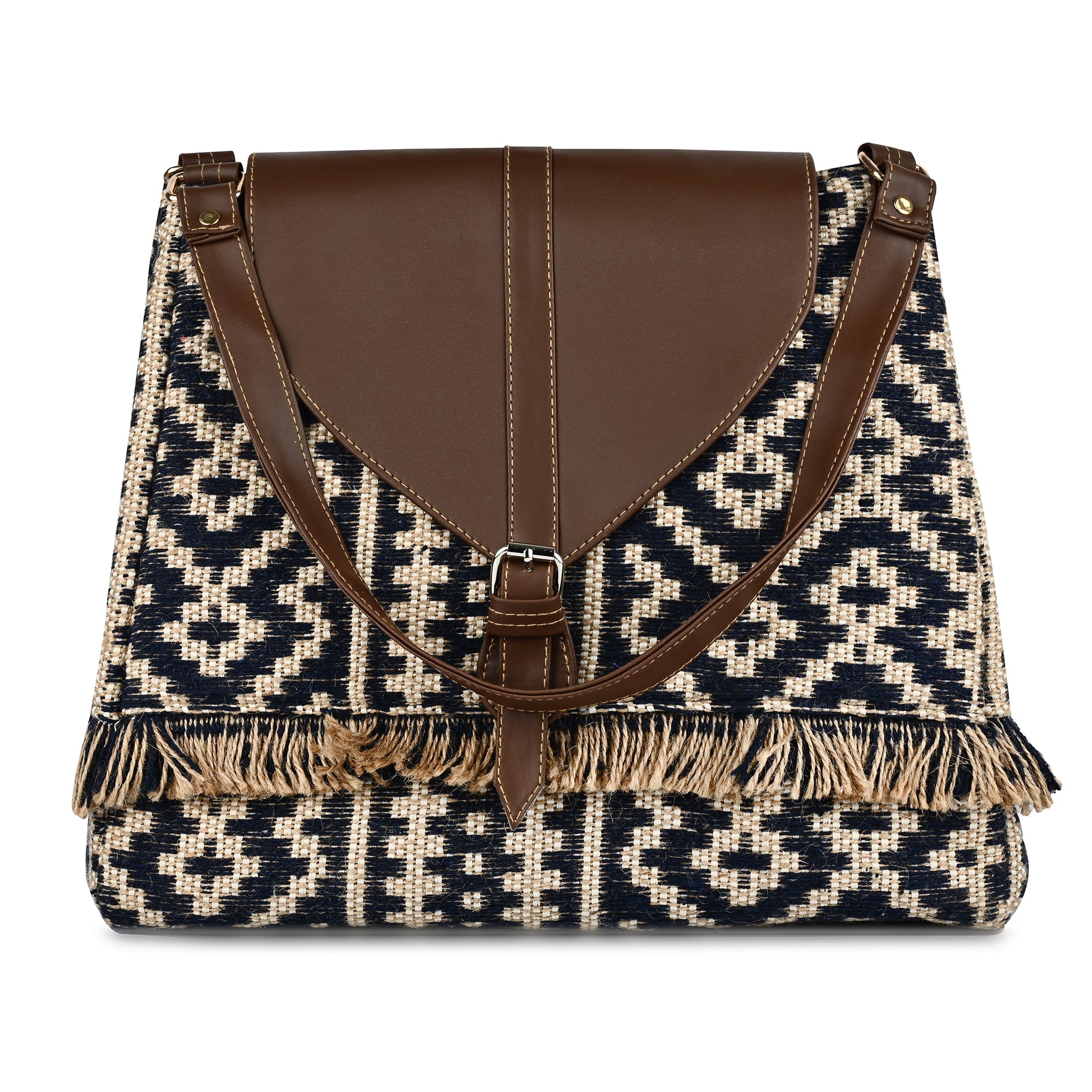 Women Ethnic Jute Handbag with Rexine Flap & Handle ensacworld