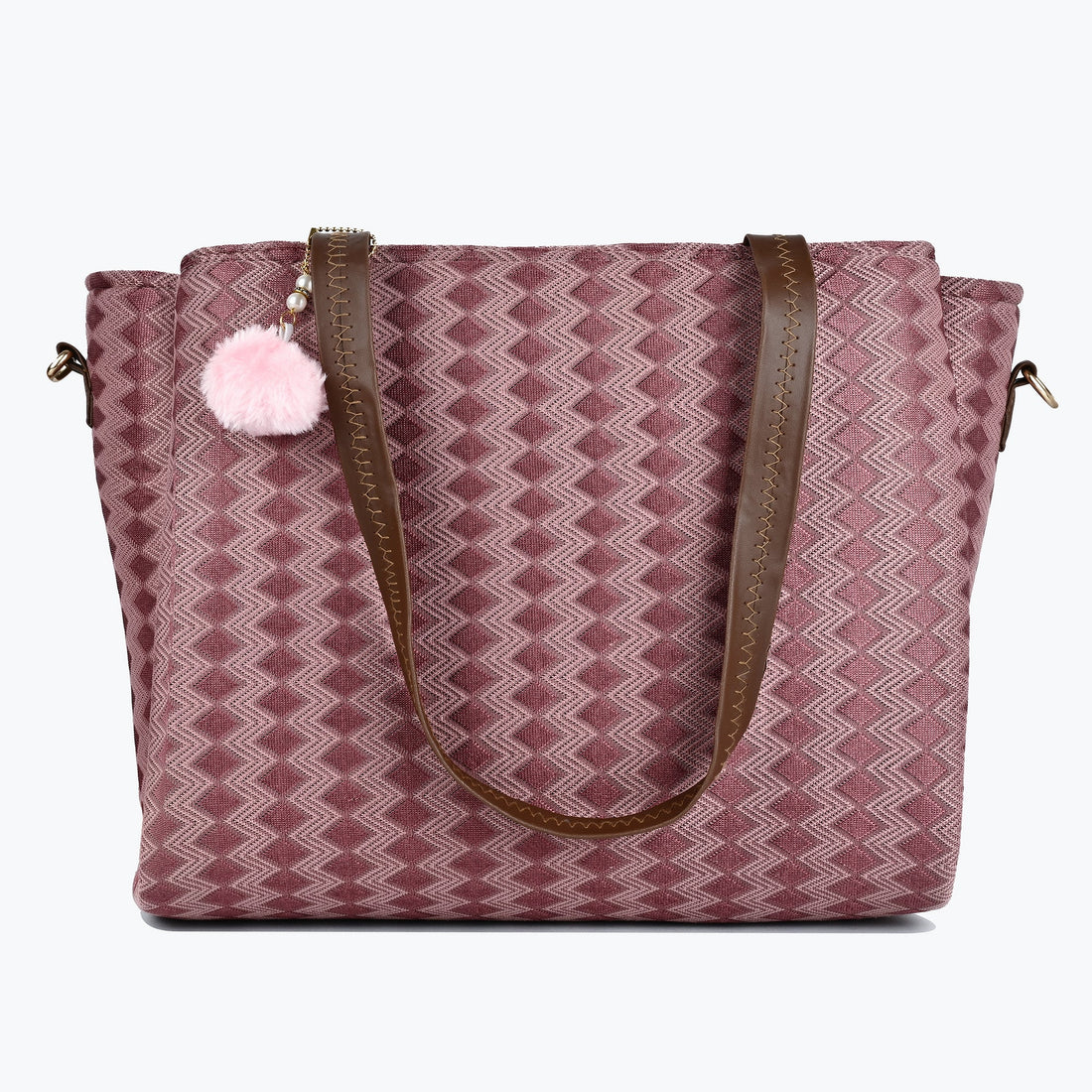 Women’s Textured Pink Tote Bag with Pom Pom Charm & Dual Handles ensacworld