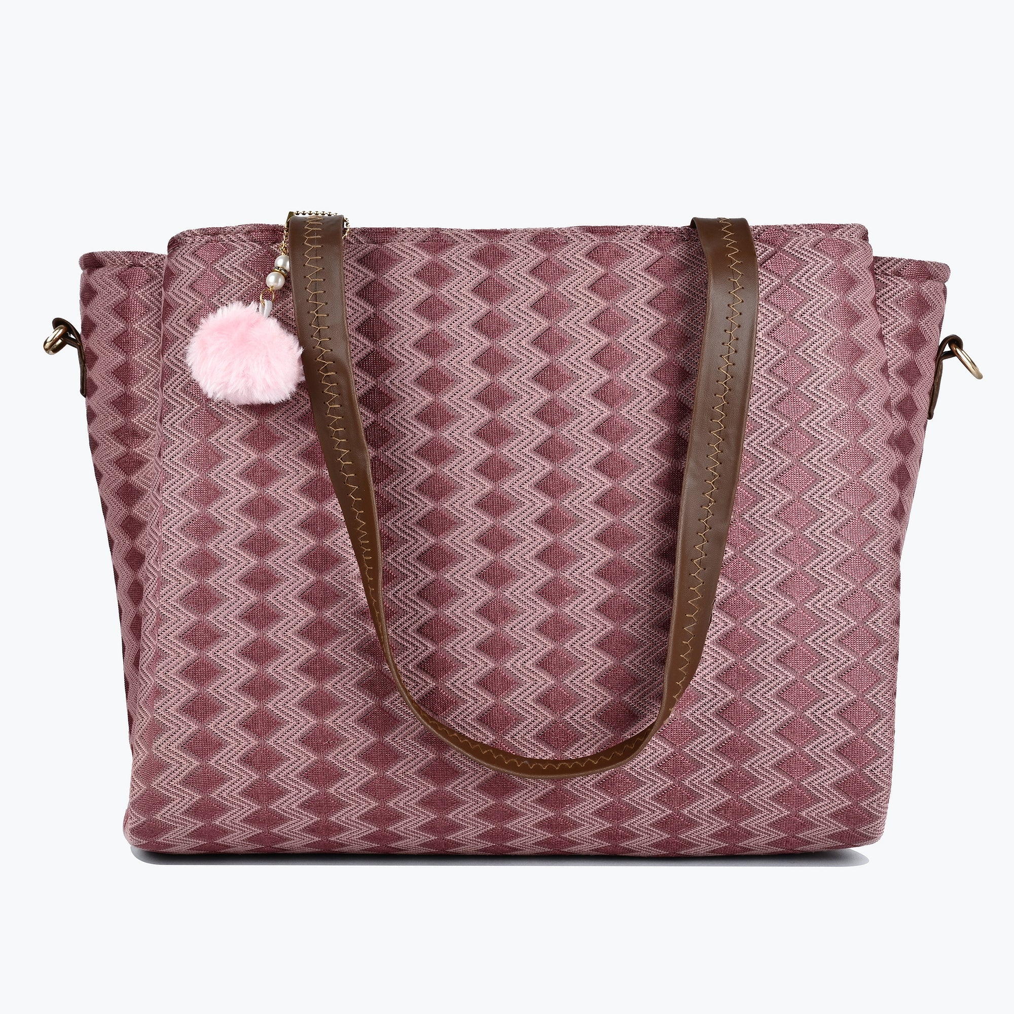 Women’s Textured Pink Tote Bag with Pom Pom Charm & Dual Handles ensacworld