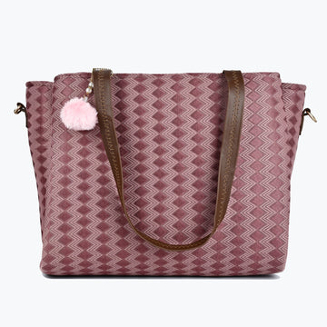 Women’s Textured Pink Tote Bag with Pom Pom Charm & Dual Handles ensacworld