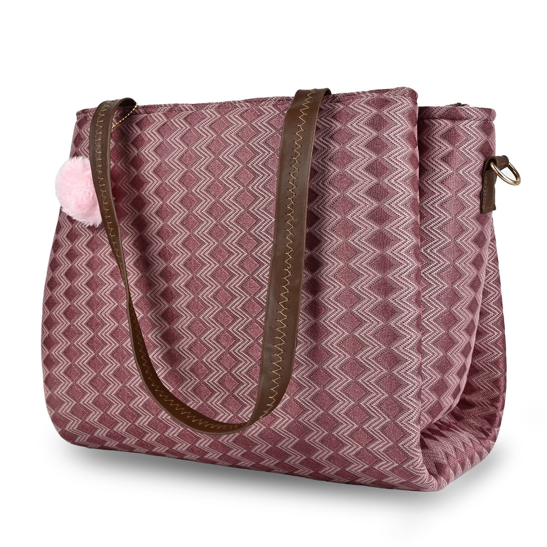 Women’s Textured Pink Tote Bag with Pom Pom Charm & Dual Handles ensacworld