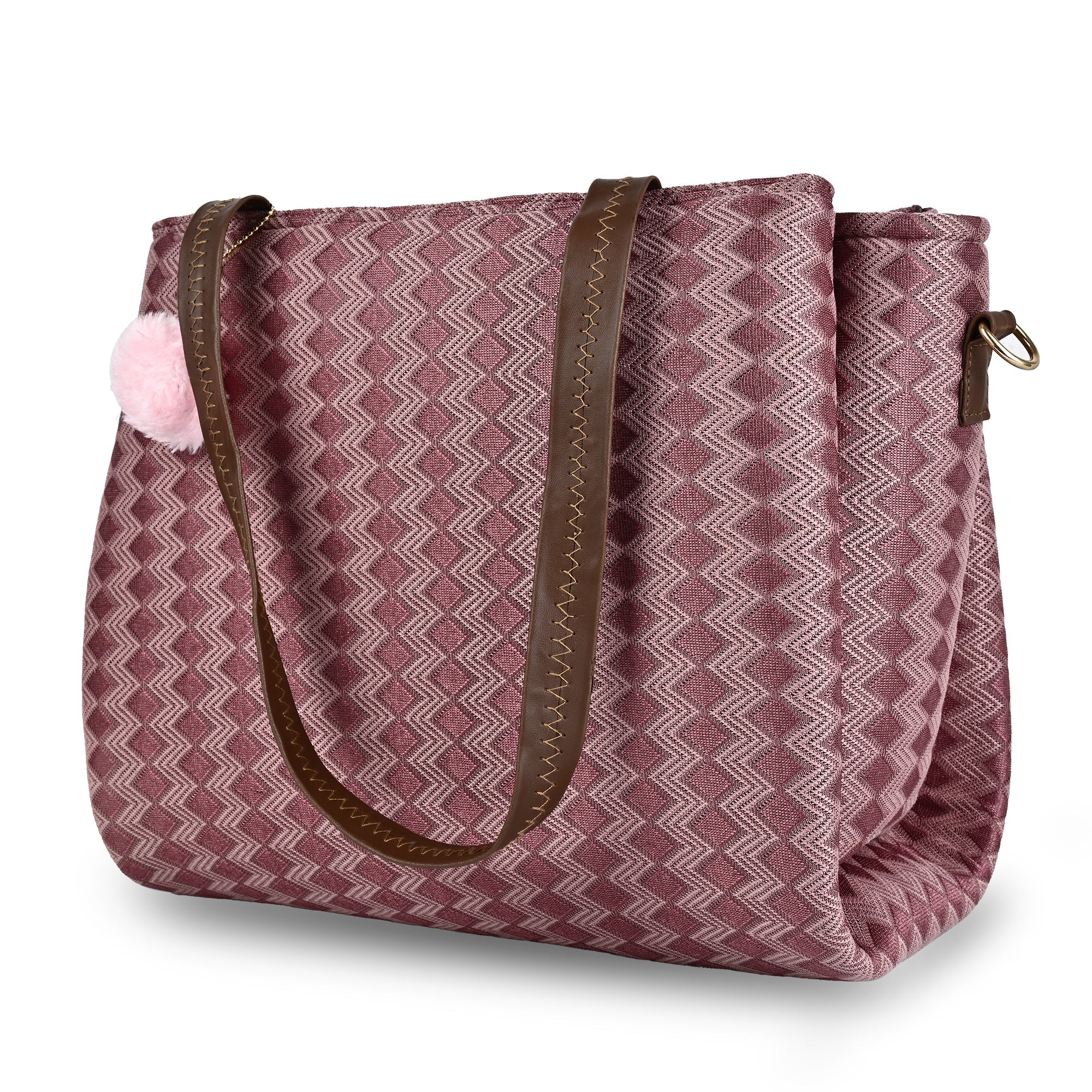 Women’s Textured Pink Tote Bag with Pom Pom Charm & Dual Handles ensacworld