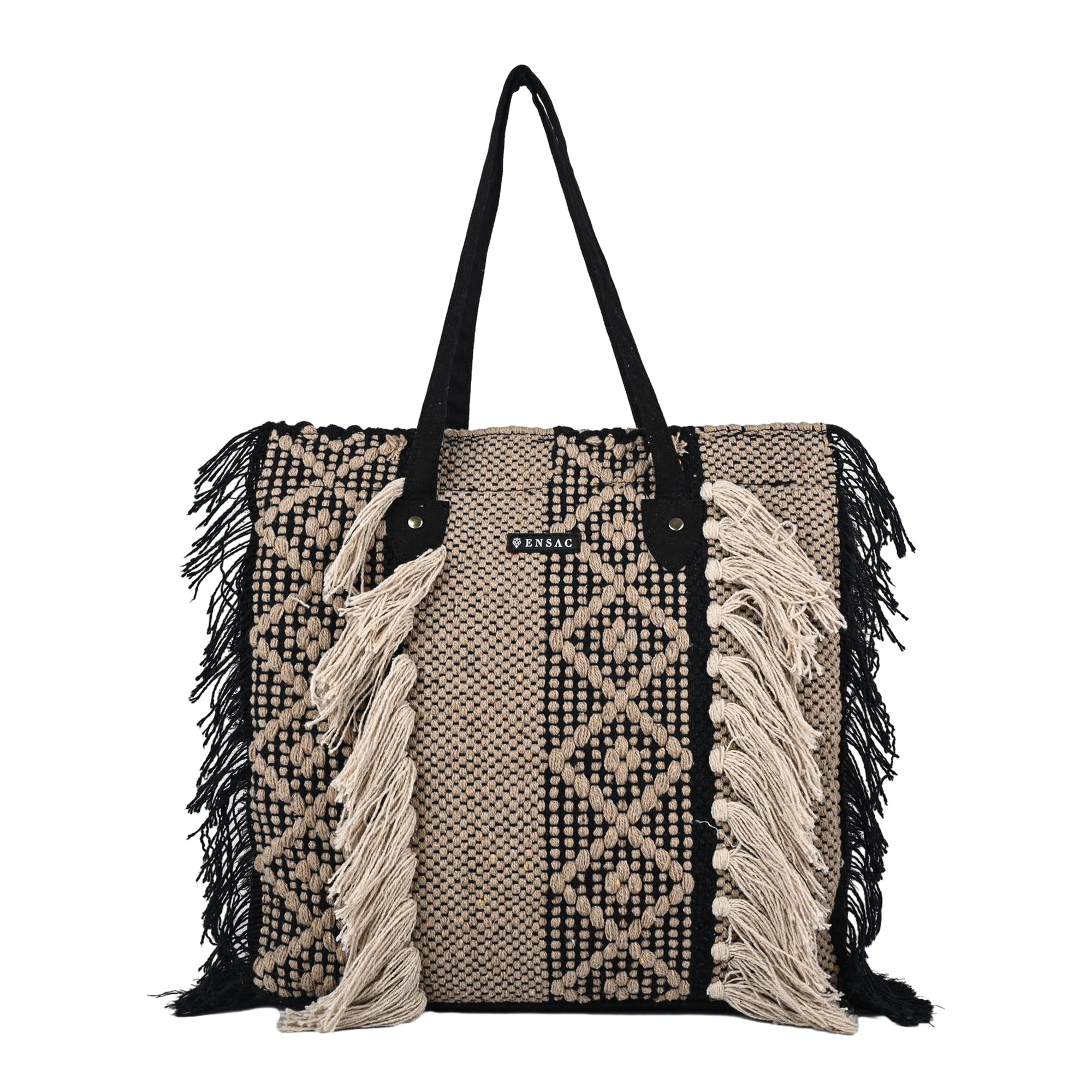 Ensac Fringed Tote Bag for Women | Stylish Ethnic Shoulder Handbag for Daily Use