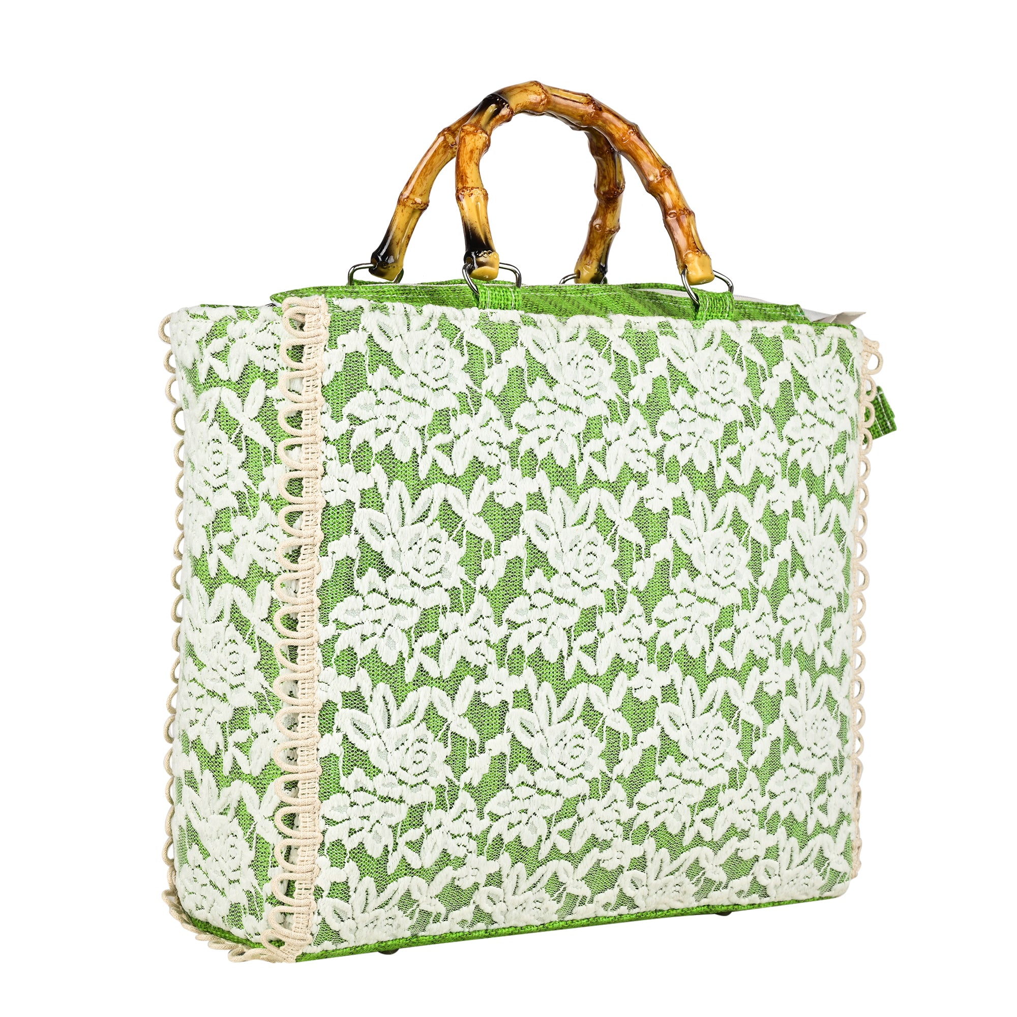 Ensac Women Handcrafted Lace Bag | Premium Fabric, Bamboo Grip & Fresh Look Design