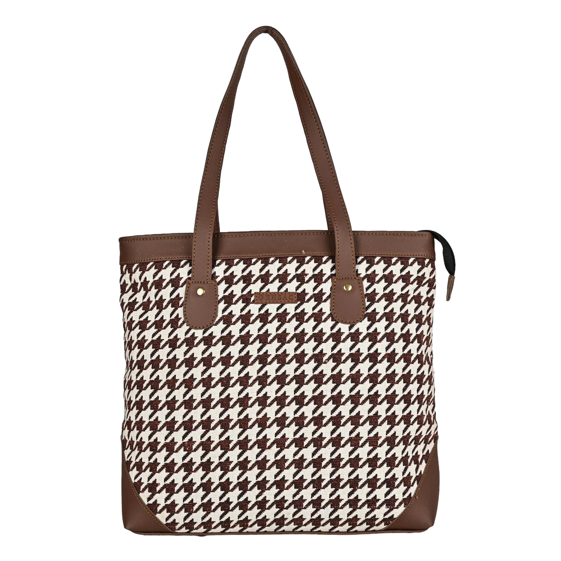 Ensac Jacquard Fabric Tote Bag | Diamond Pattern, Easy to Carry & Spacious Design TOTE-HOUNDSTOOTH-BROWN-1