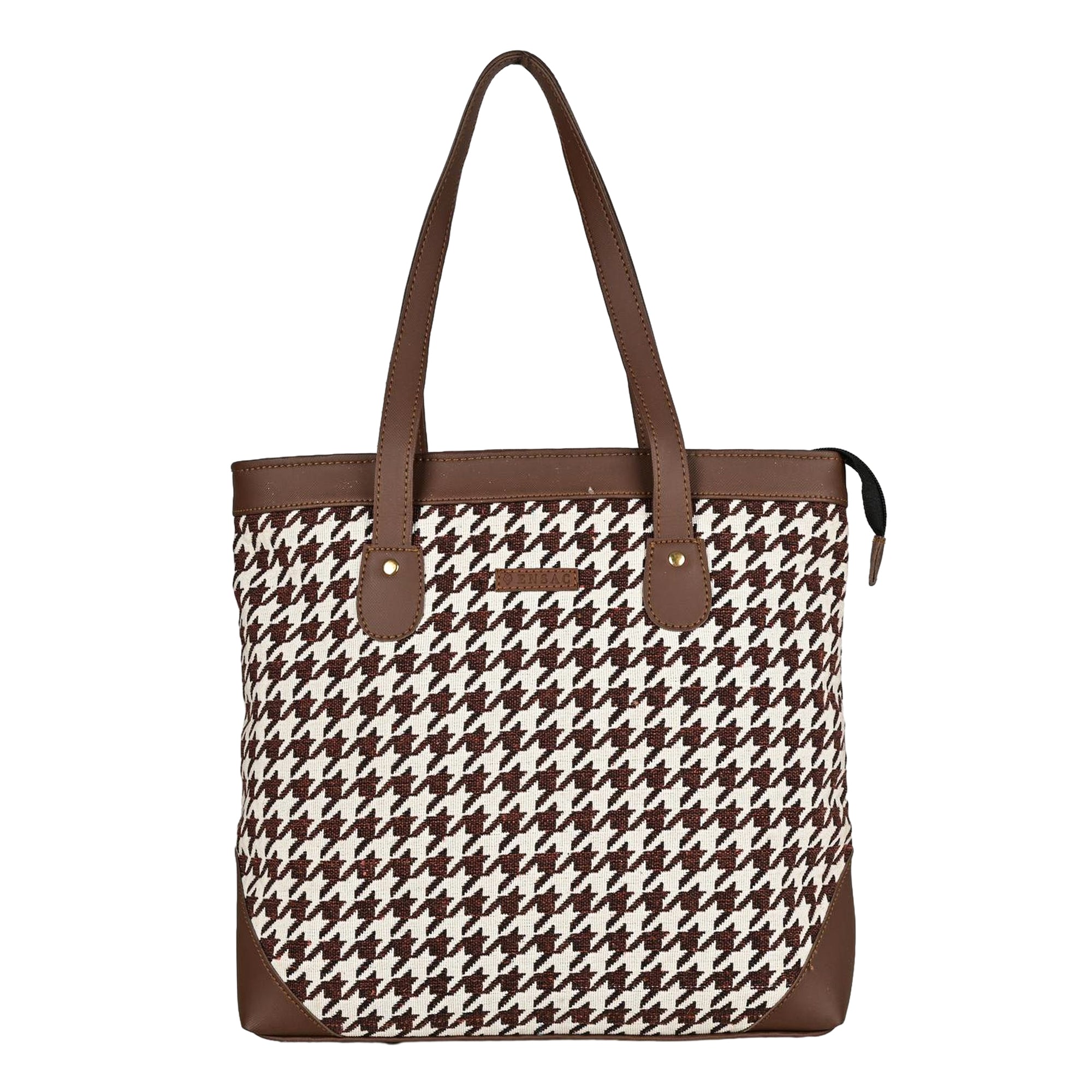 Ensac Jacquard Fabric Tote Bag | Diamond Pattern, Easy to Carry & Spacious Design TOTE-HOUNDSTOOTH-BROWN-1