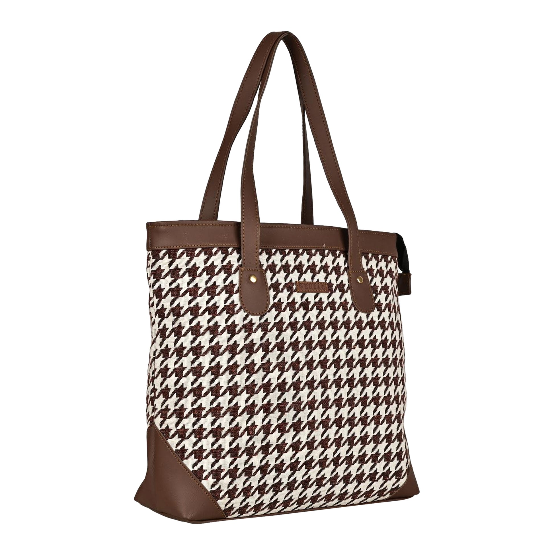 Ensac Jacquard Fabric Tote Bag | Diamond Pattern, Easy to Carry & Spacious Design TOTE-HOUNDSTOOTH-BROWN-1