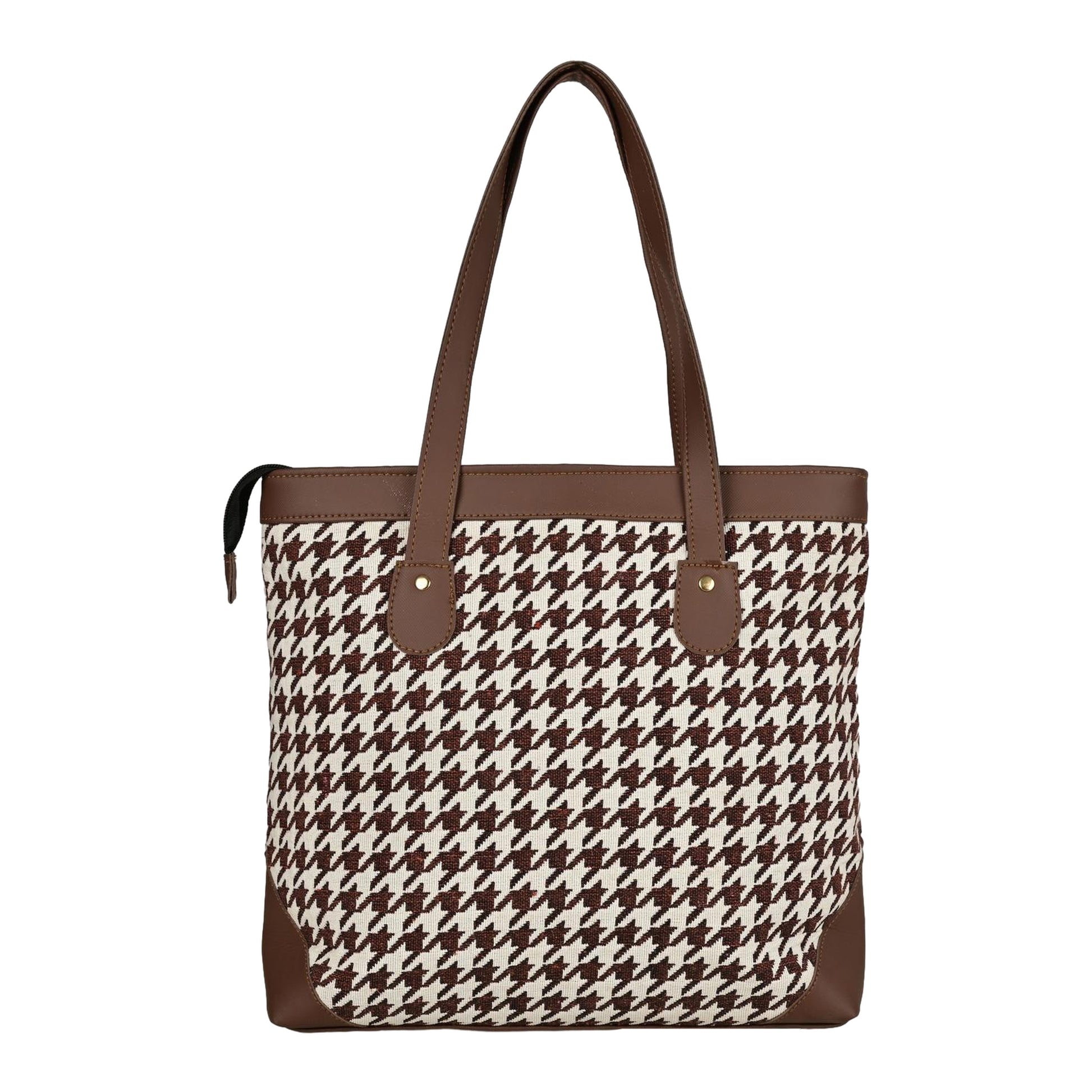 Ensac Jacquard Fabric Tote Bag | Diamond Pattern, Easy to Carry & Spacious Design TOTE-HOUNDSTOOTH-BROWN-1