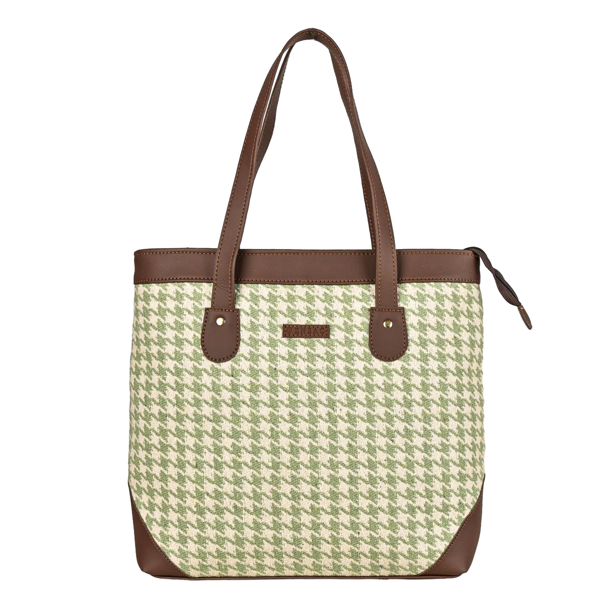 Ensac Jacquard Fabric Tote Bag | Diamond Pattern, Easy to Carry & Spacious Design TOTE-HOUNDSTOOTH-BROWN-1