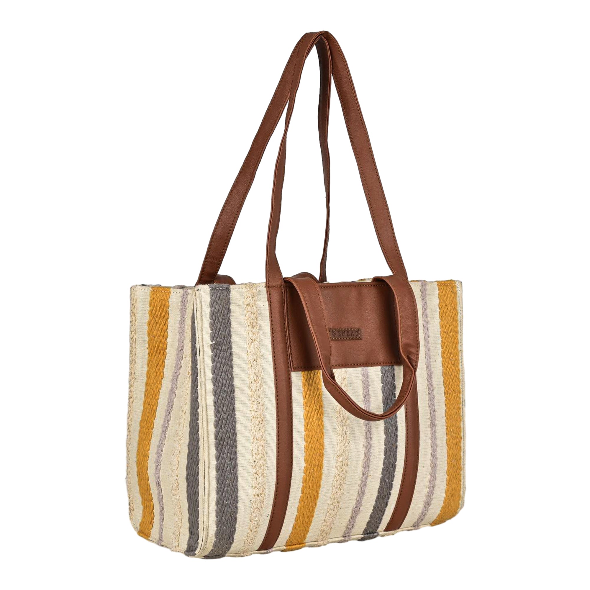 Ensac Elegant Jacquard Fabric Tote Bag for Women | Elegant Ethnic Style, Spacious & Lightweight TOTE-COMFORT-GREYYLW-1