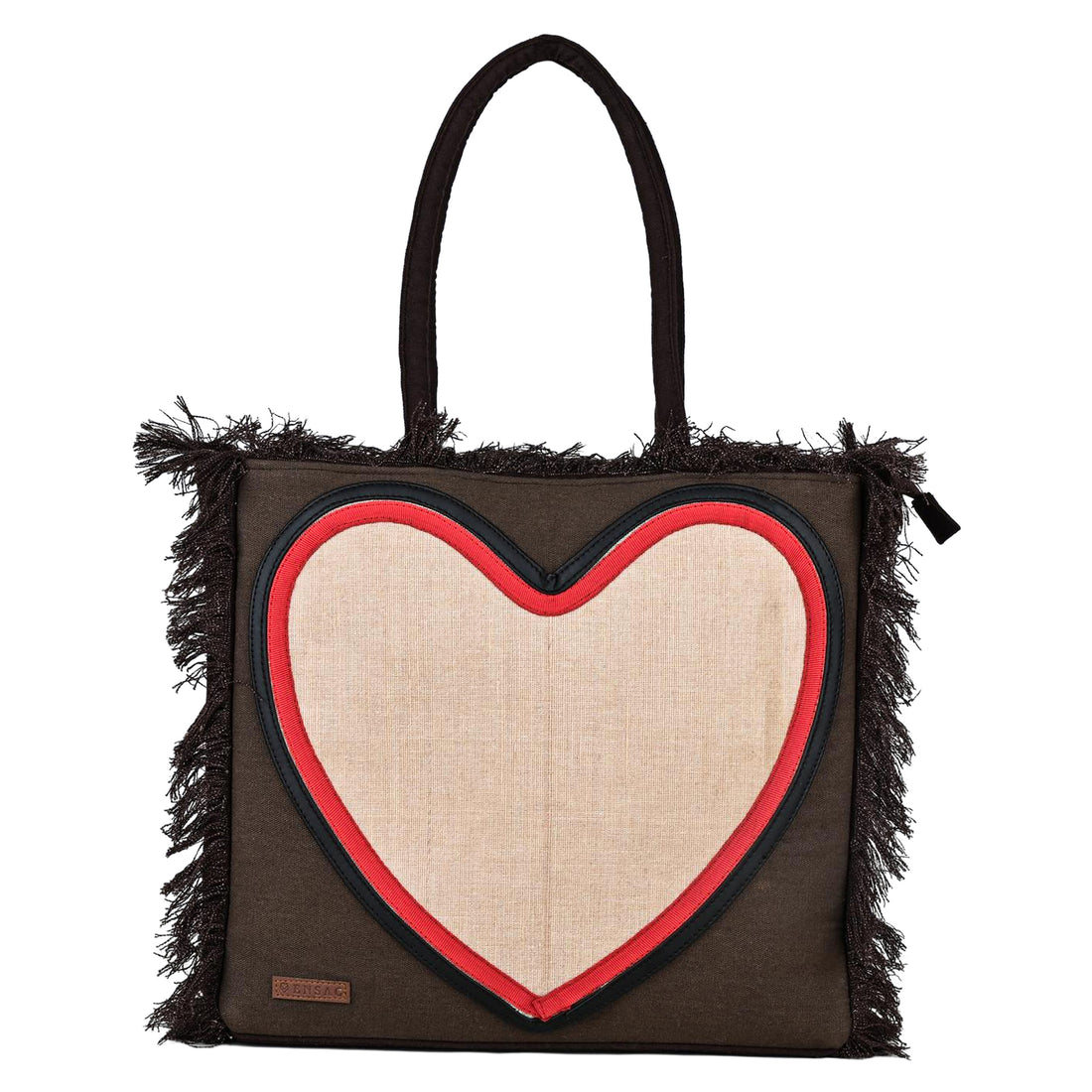 Ensac Women’s Heart Design Fringe Bag | Jacquard Fabric Carry Bag for Daily Style TOTE-JUTEHEART-REDBLK-1