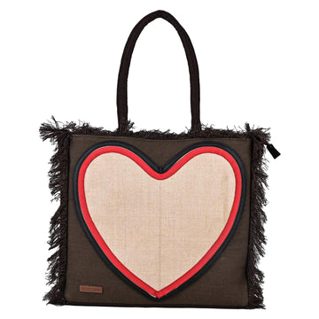 Ensac Women’s Heart Design Fringe Bag | Jacquard Fabric Carry Bag for Daily Style TOTE-JUTEHEART-REDBLK-1