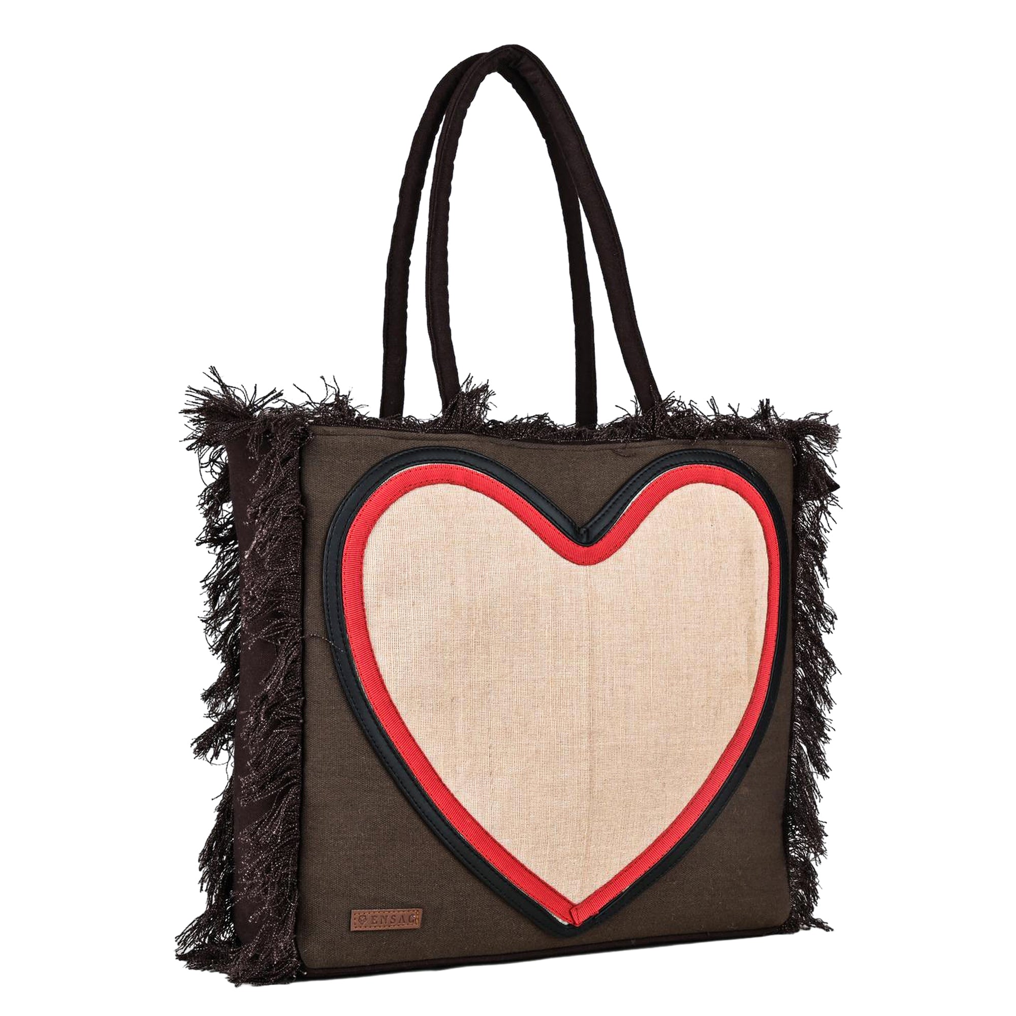 Ensac Women’s Heart Design Fringe Bag | Jacquard Fabric Carry Bag for Daily Style TOTE-JUTEHEART-REDBLK-1