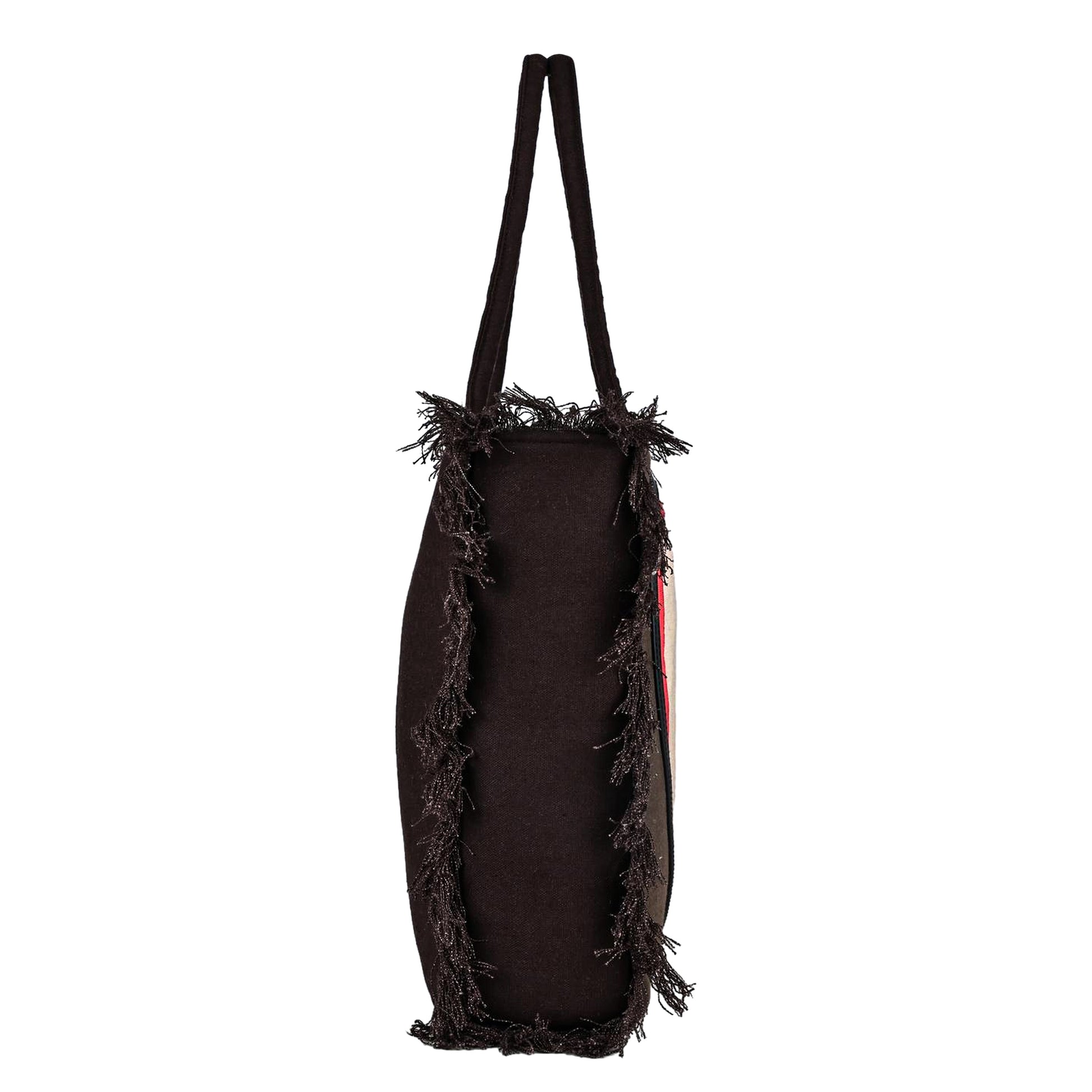 Ensac Women’s Heart Design Fringe Bag | Jacquard Fabric Carry Bag for Daily Style TOTE-JUTEHEART-REDBLK-1