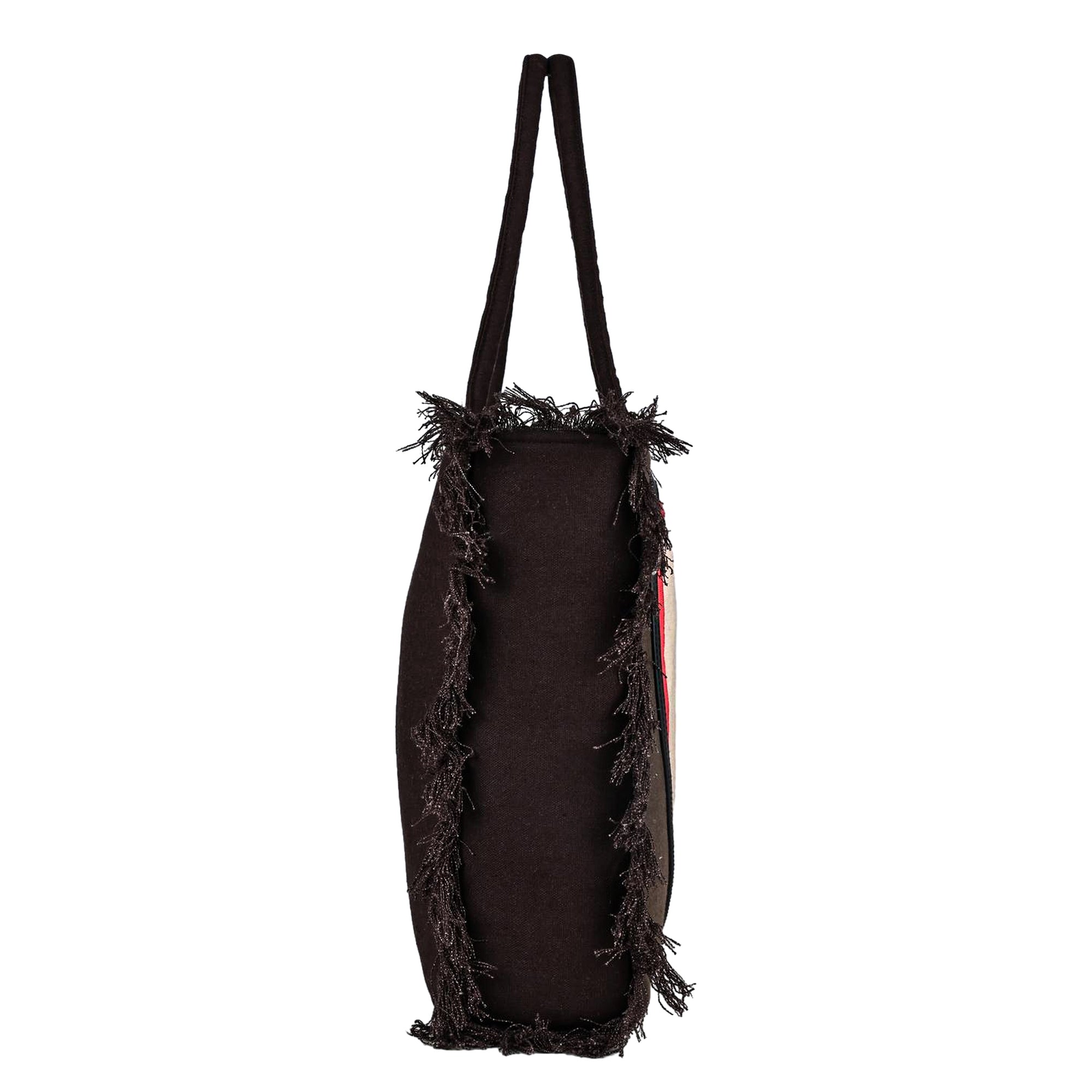 Ensac Women’s Heart Design Fringe Bag | Jacquard Fabric Carry Bag for Daily Style TOTE-JUTEHEART-REDBLK-1