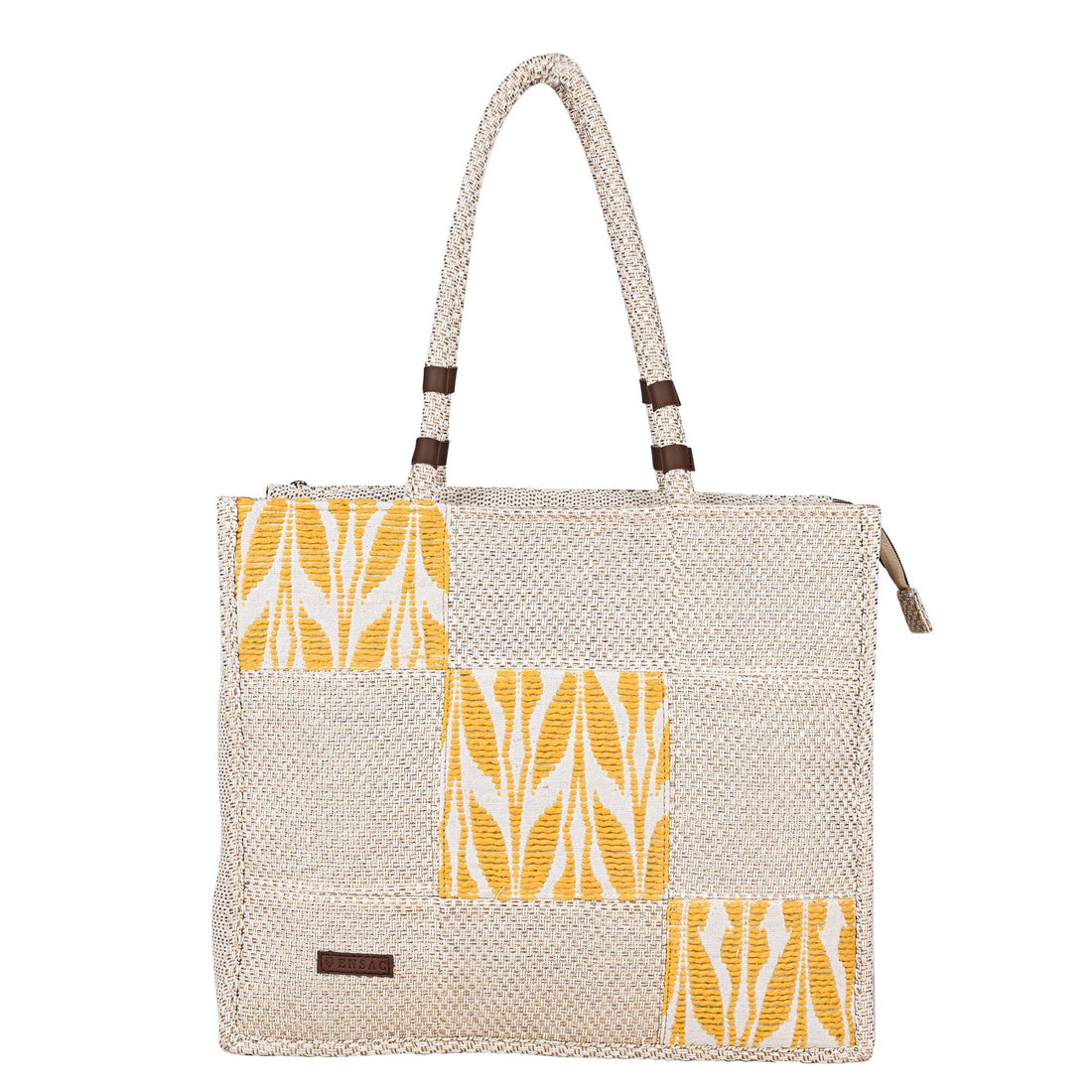 ENSAC Cotton Jacquard patch style Yellow Beige Tote Bag for women & Girls