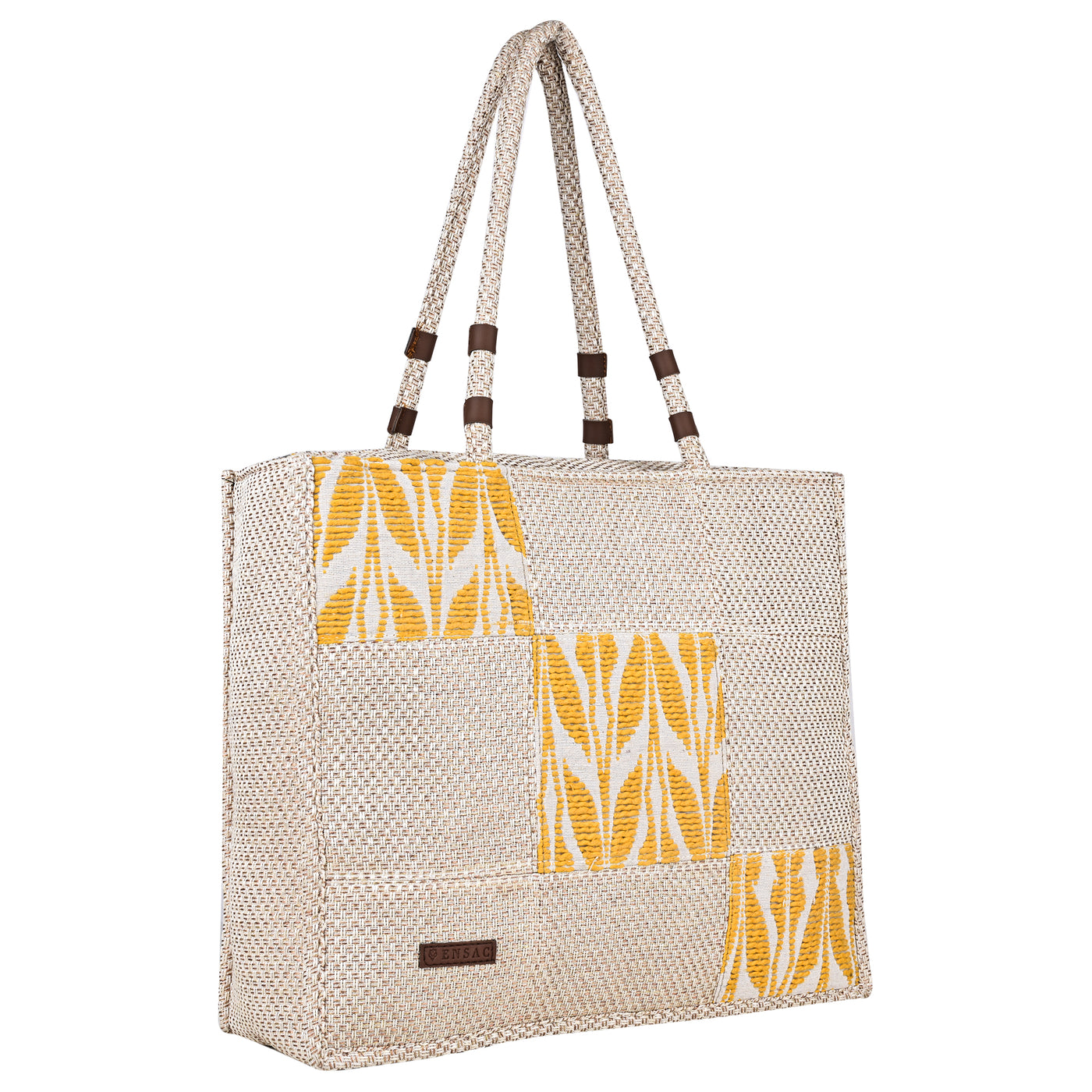 ENSAC Cotton Jacquard patch style Yellow Beige Tote Bag for women & Girls
