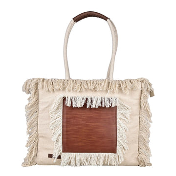 Beige tote bag with brown leather patch and fringes on a white background