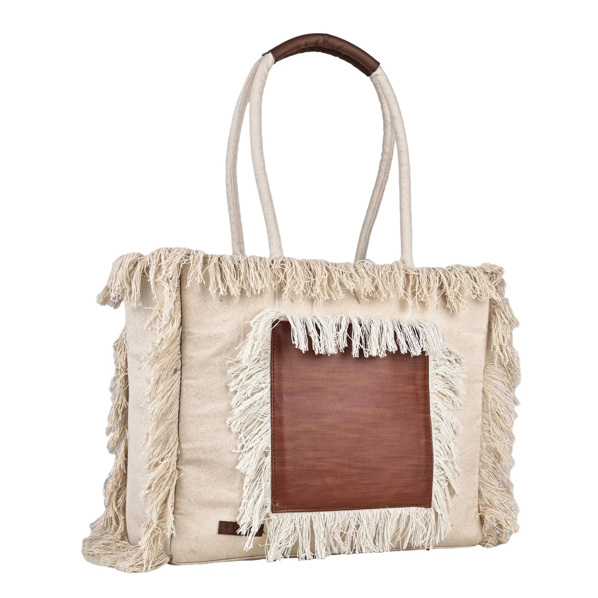ENSAC Women Off White & Brown Bag Tote Bag