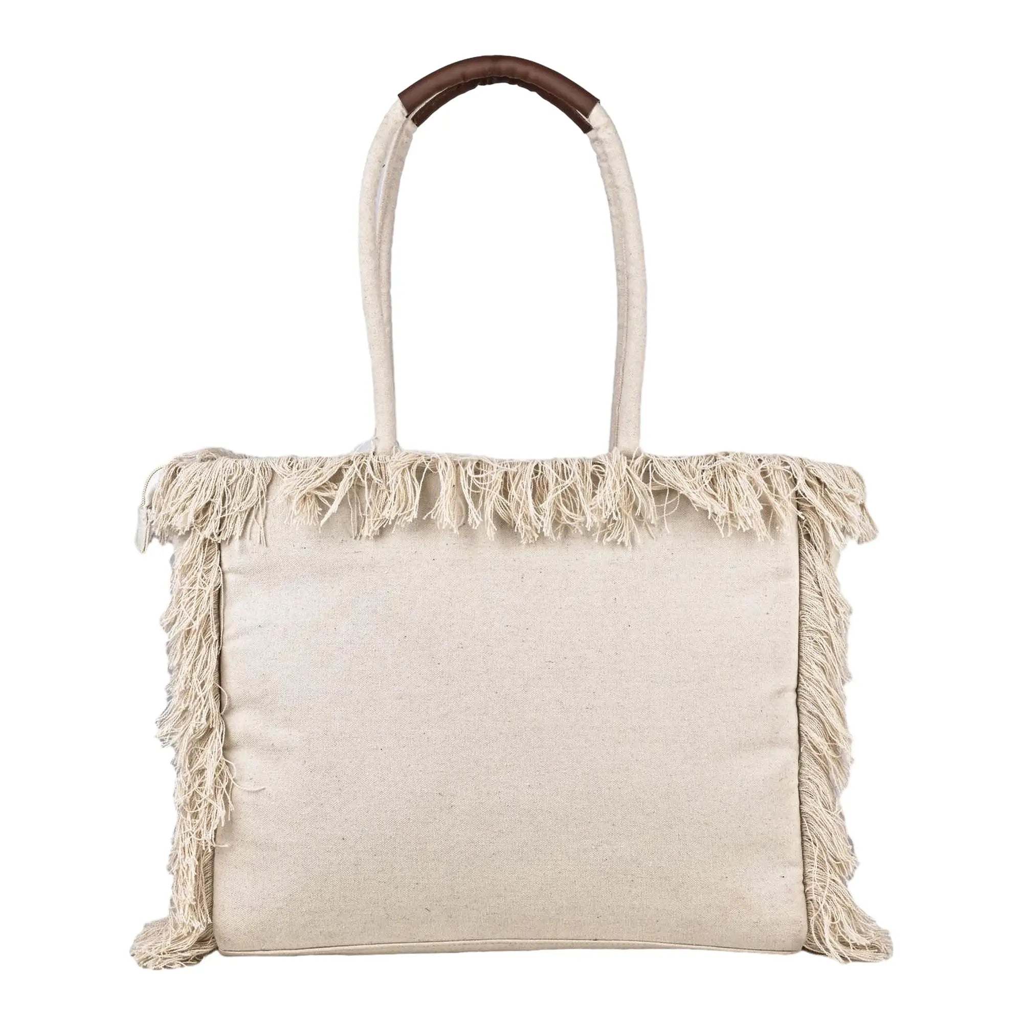 ENSAC Women Off White & Brown Bag Tote Bag