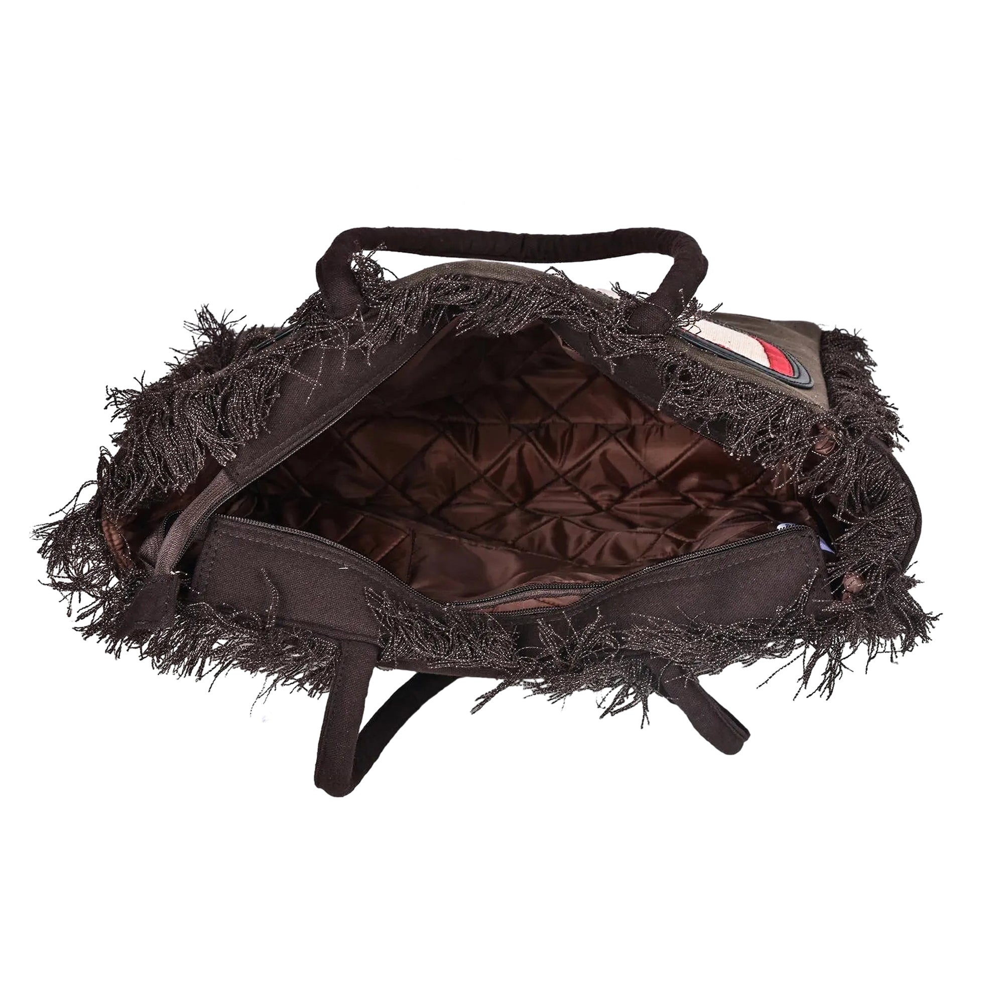 Ensac Women’s Heart Design Fringe Bag | Jacquard Fabric Carry Bag for Daily Style TOTE-JUTEHEART-REDBLK-1