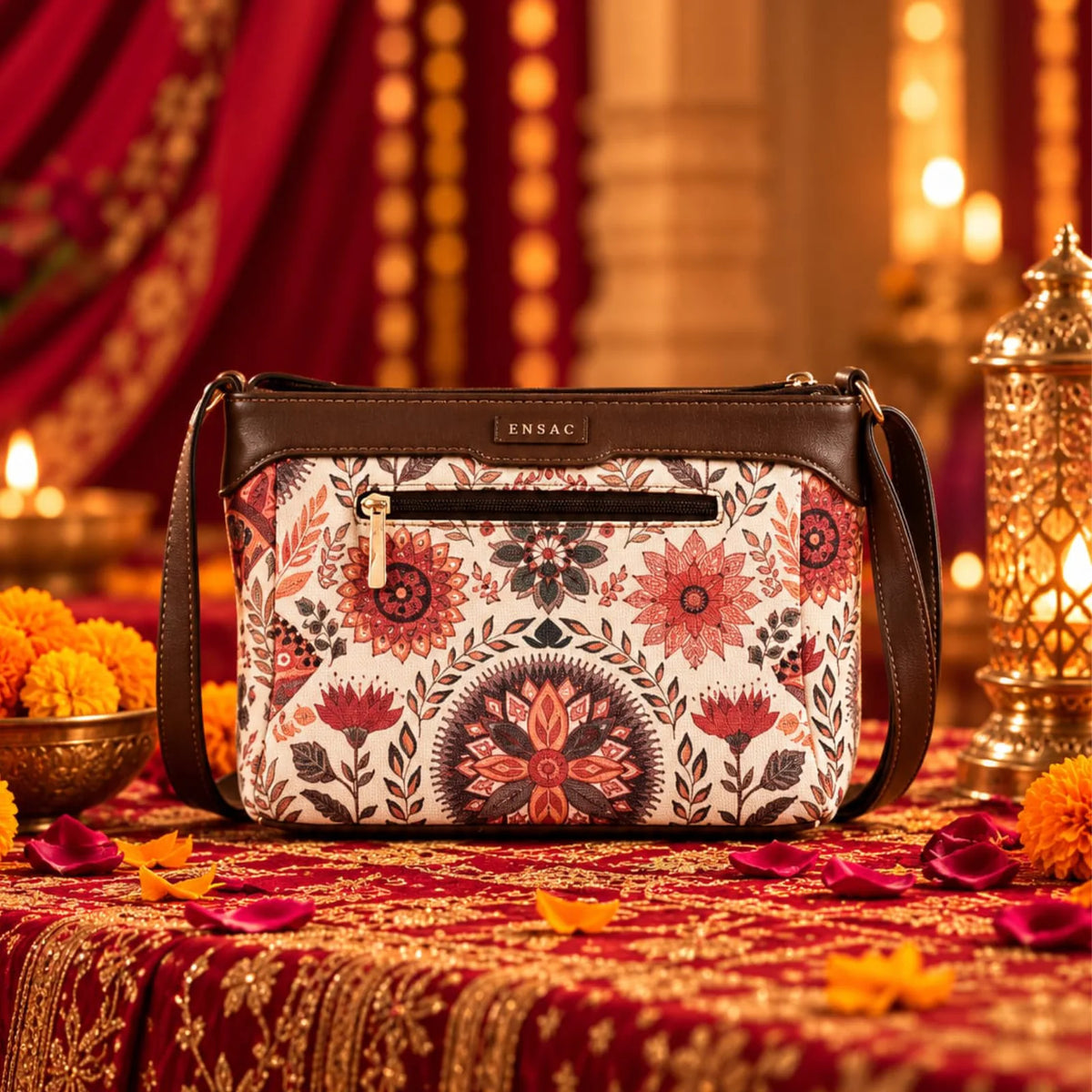 ENSAC Women's Ethnic Sling Bag – Printed Satin Silk Crossbody Bag