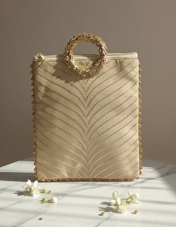 ENSAC Elegant Beige & Golden Embroidered Gift Bag | Festive Clutch with Wreath Handle