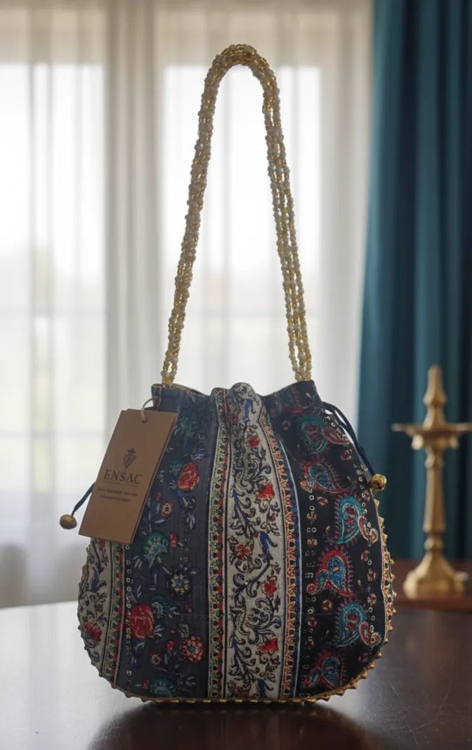 ENSAC Women's Handcrafted Designer Potli Bag with Embroidery, Pearl Handle & Thread Work | Ethnic & Bridal Potli