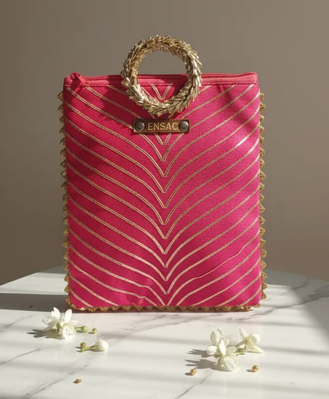 ENSAC Elite Pink & Golden Embroidered Gift Bag | Festive Clutch with Wreath Handle