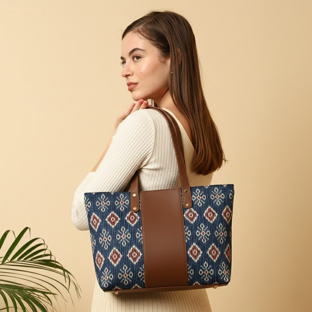 ENSAC Alexa Ikkat Blue Small Tote Bag – Compact Stylish Tote for Women