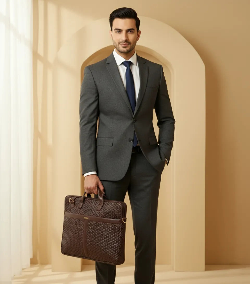 ENSAC Brown Chatai Textured Laptop Bag for Men | Professional Office Briefcase