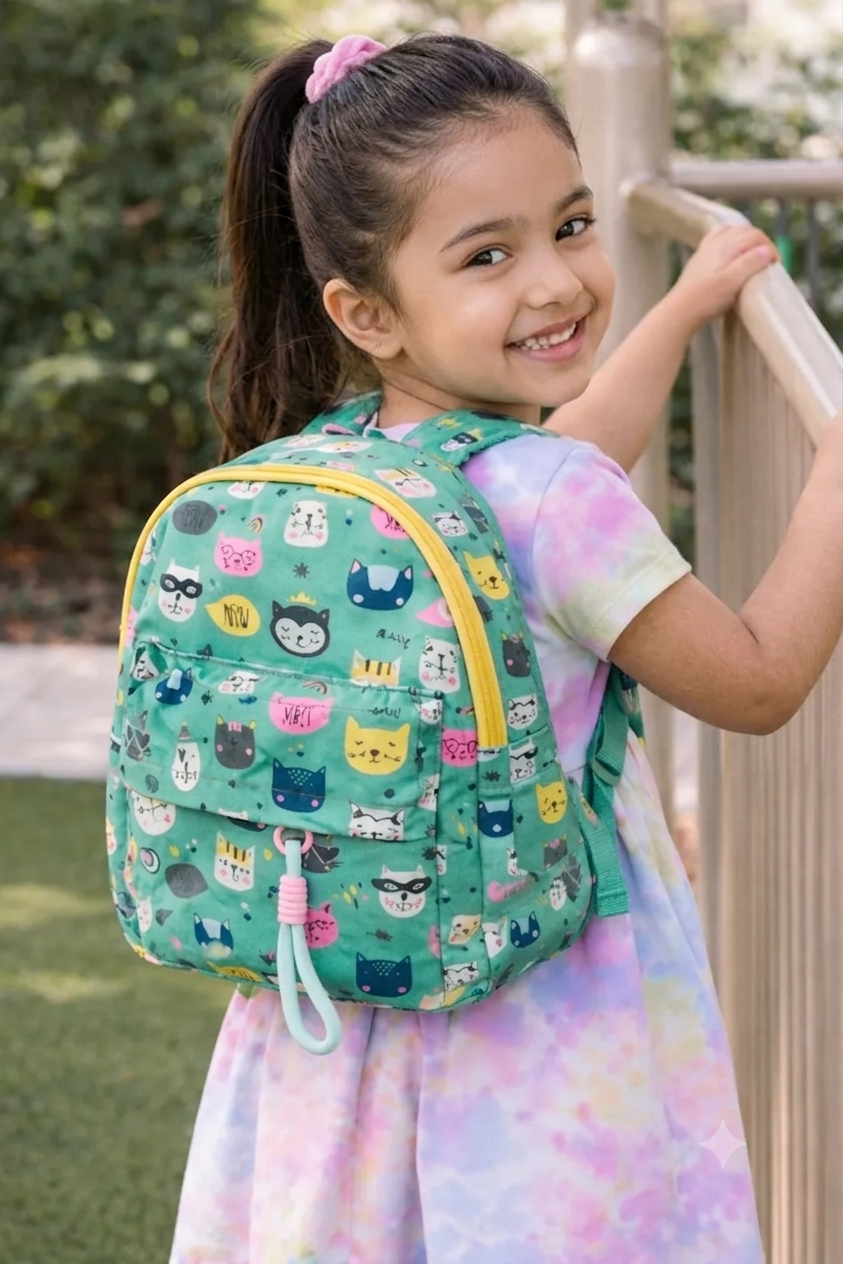 Kids Green  Backpack | Cute Cat Printed School & Travel-Friendly Bag