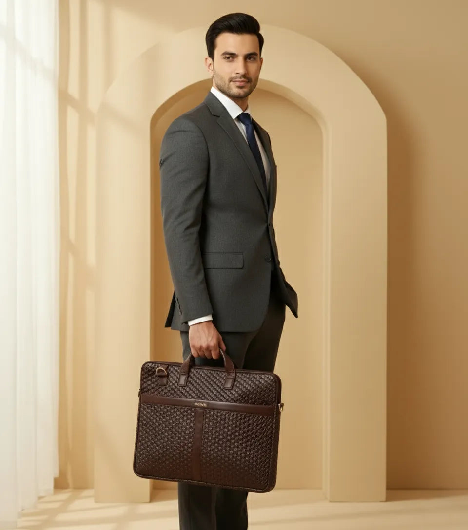 ENSAC Brown Chatai Textured Laptop Bag for Men | Professional Office Briefcase