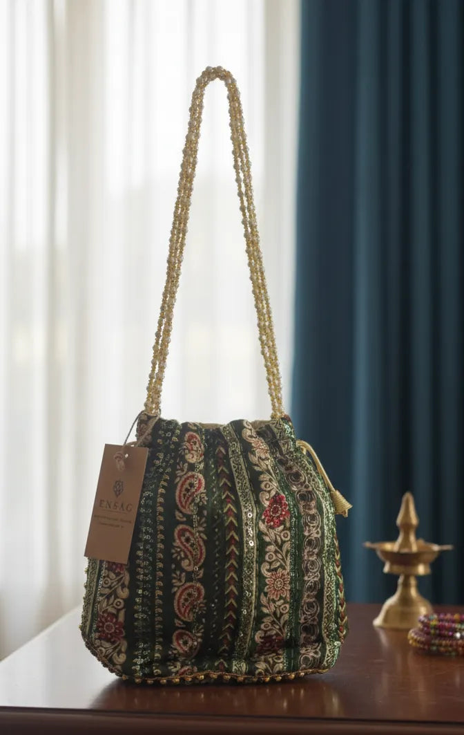 ENSAC Women’s Green Handcrafted Potli Bag | Embroidered Ethnic Handbag with Pearl Handle