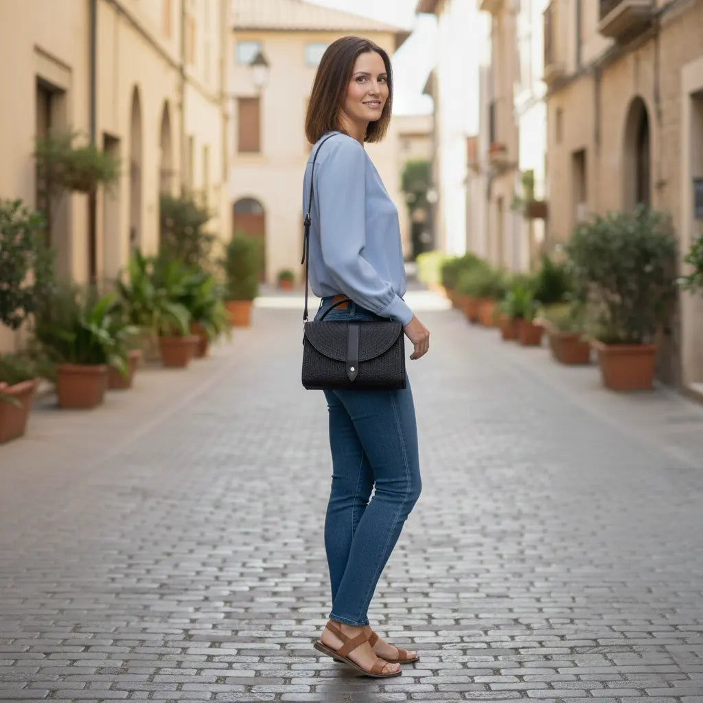 Woman walking down a sunlit street with plants on either side by ENSAC