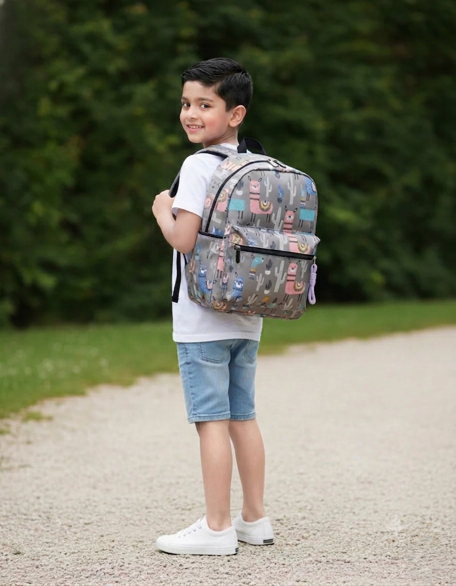 Kids Grey Backpack | Cute Animal Printed School & Daily Use Bag