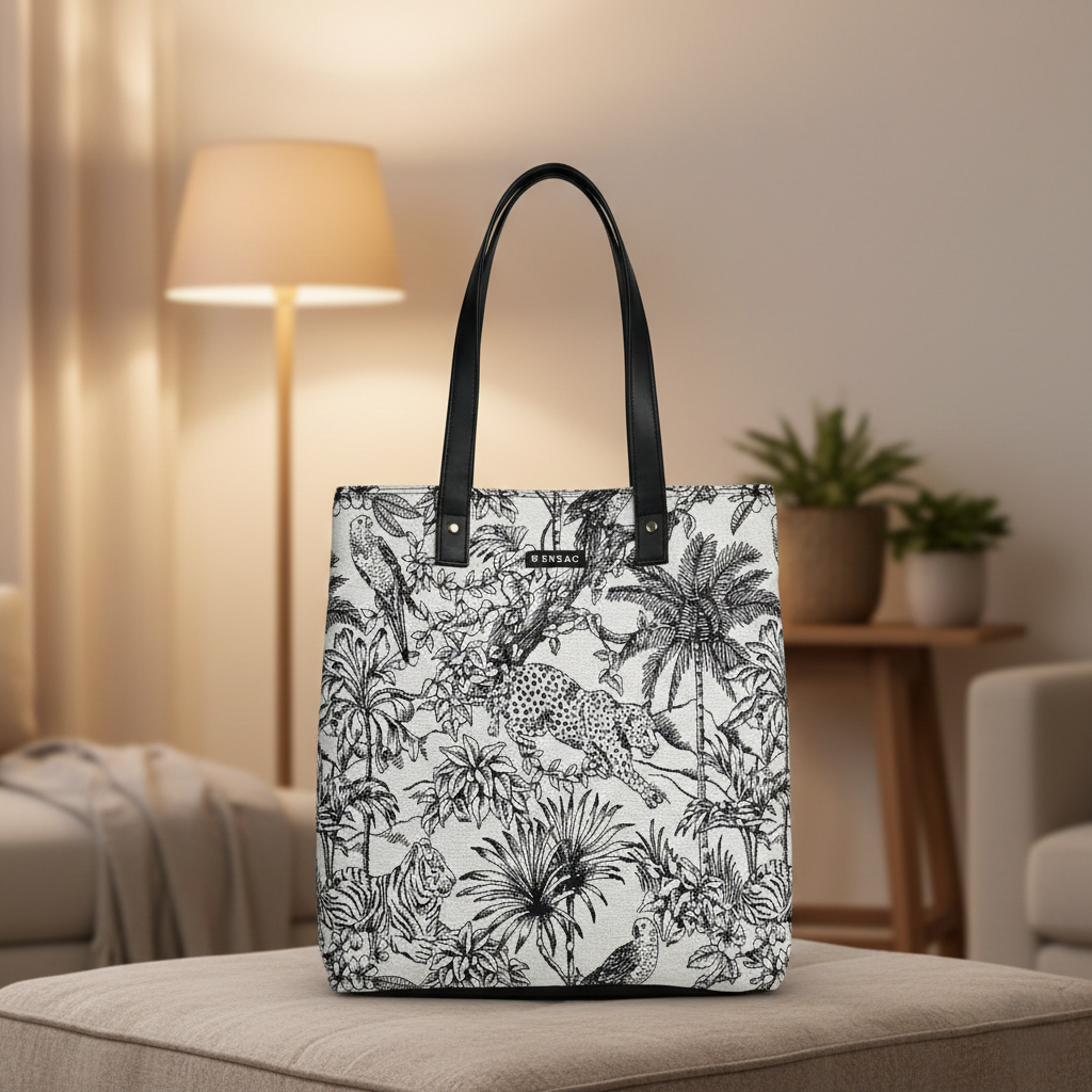 Tote bag with black and white floral and animal pattern on a couch in a living room setting BY ENSAC