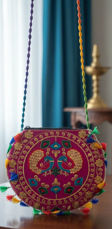 ENSAC Women's Handcrafted Peacock Design Potli Bag with Colorful Beaded Strap & Zipper | Ethnic & Festive Handbag