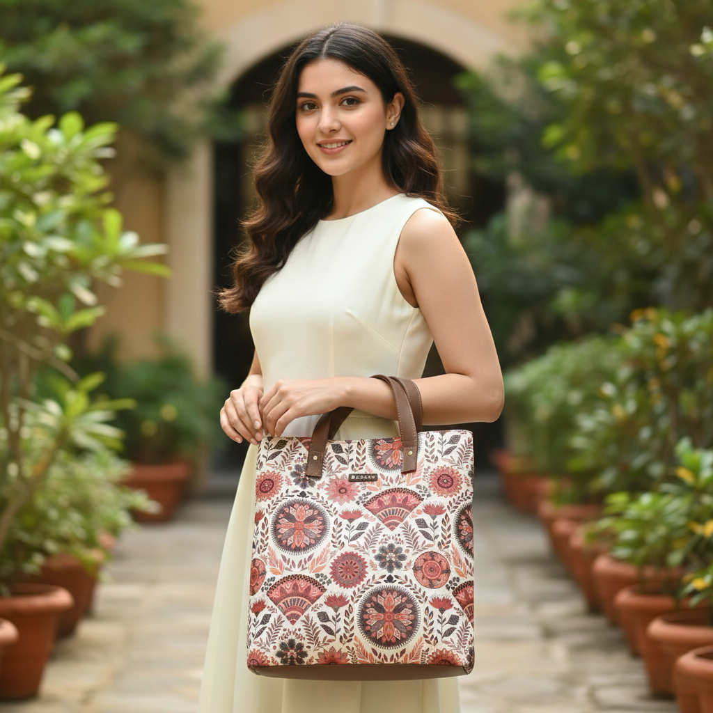 Woman holding a patterned bag in an outdoor setting with plants BY ENSAC.