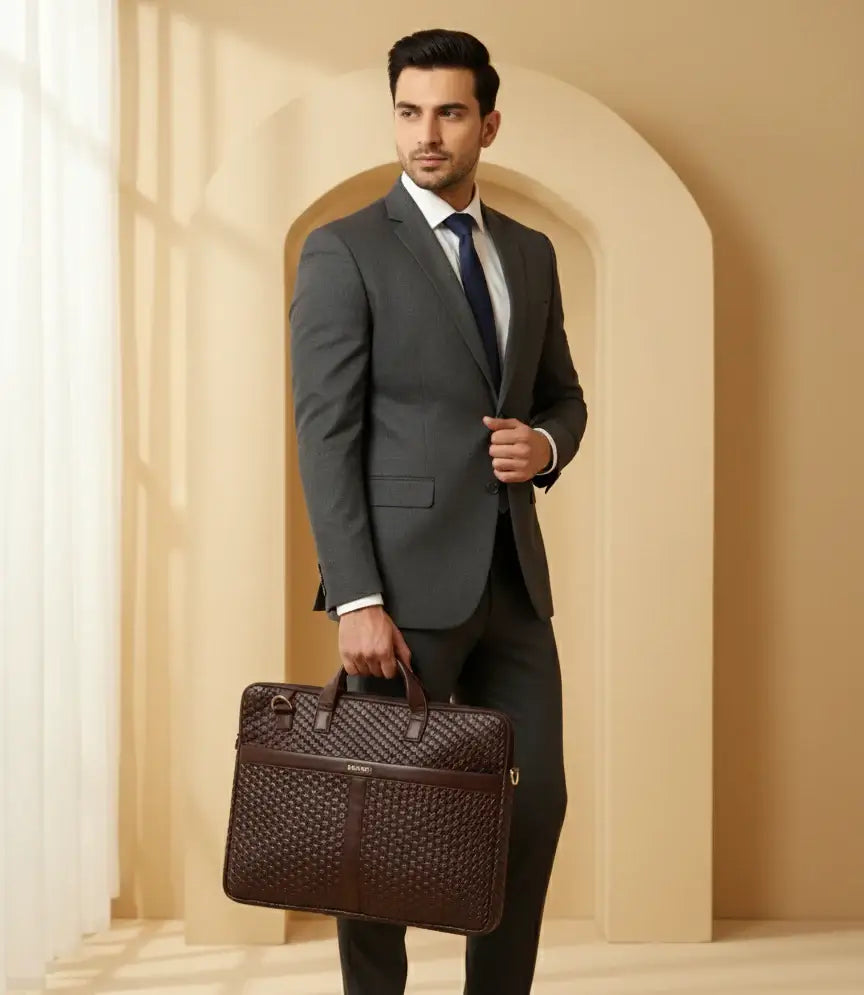 ENSAC Brown Chatai Textured Laptop Bag for Men | Professional Office Briefcase