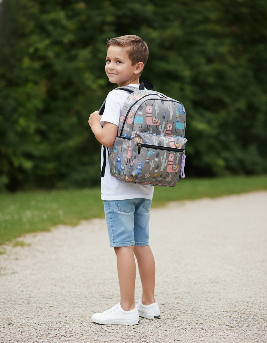 Child wearing a patterned backpack outdoors on a gravel path with greenery BY ENSAC