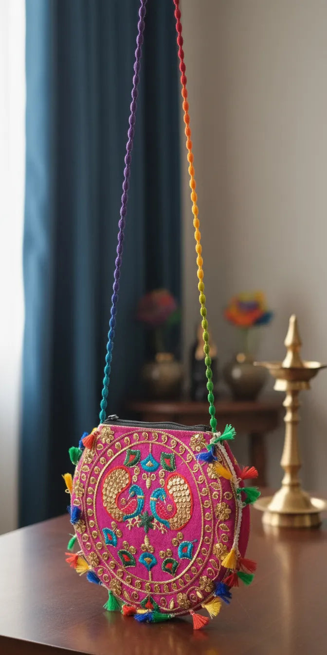 ENSAC Women's Handcrafted Peacock Design Potli Bag with Colorful Beaded Strap & Zipper | Ethnic & Festive Handbag