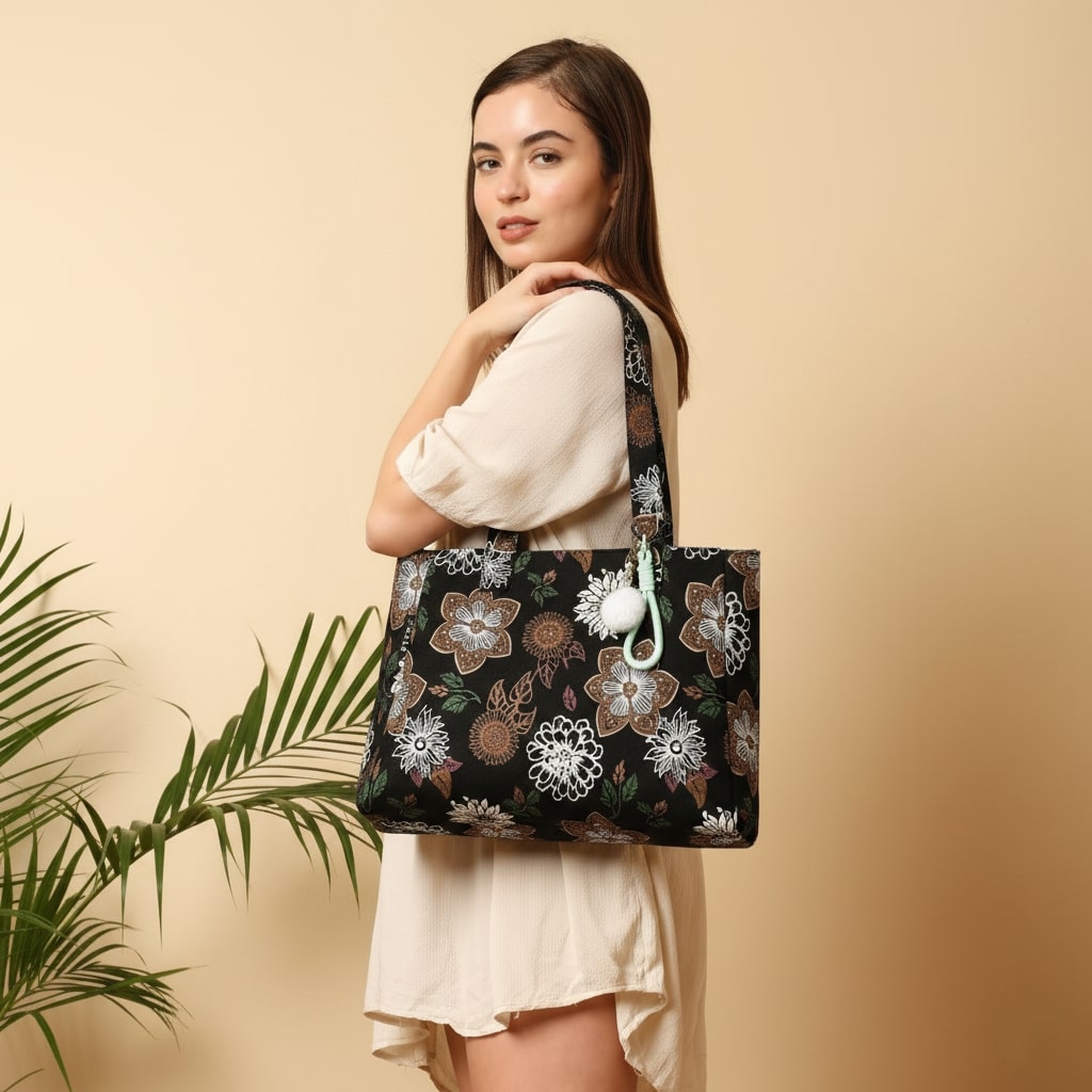 Woman holding a floral-patterned tote bag against a beige background
 by ENSAC