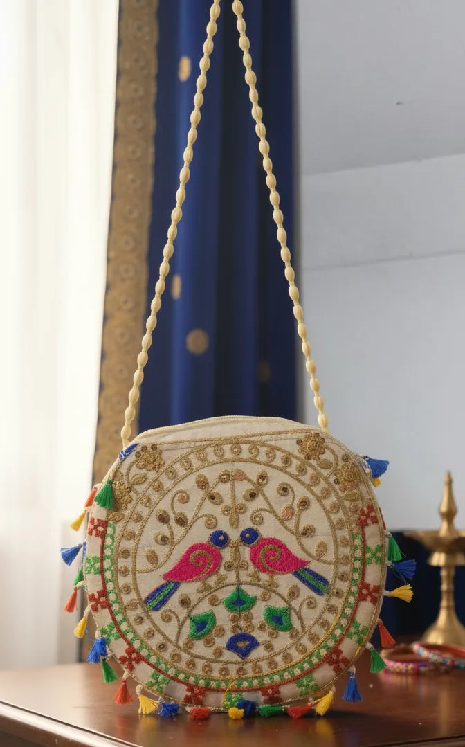 ENSAC Women's Handcrafted Embroidered Cotton Potli Bag with Elephant Design, Pearl Handle & Thread Work | Ethnic & Bridal Potli