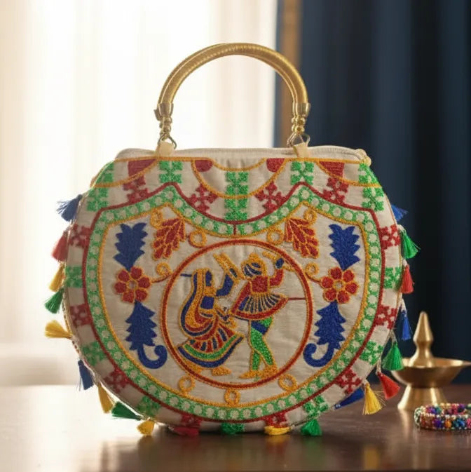 ENSAC Women's Handcrafted Embroidered Cotton Potli Bag with Elephant Design, Pearl Handle & Thread Work | Ethnic & Bridal Potli