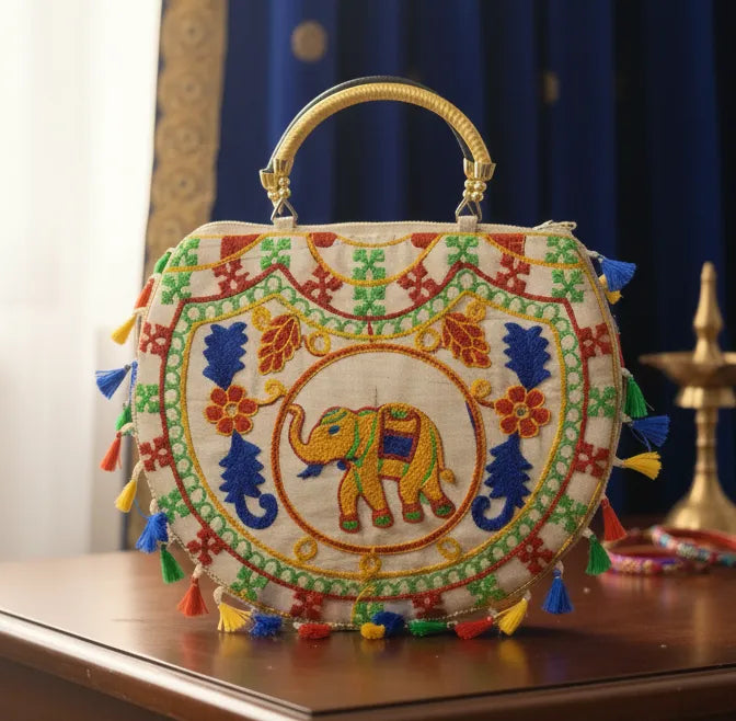 ENSAC Women's Handcrafted Embroidered Cotton Potli Bag with Elephant Design, Pearl Handle & Thread Work | Ethnic & Bridal Potli